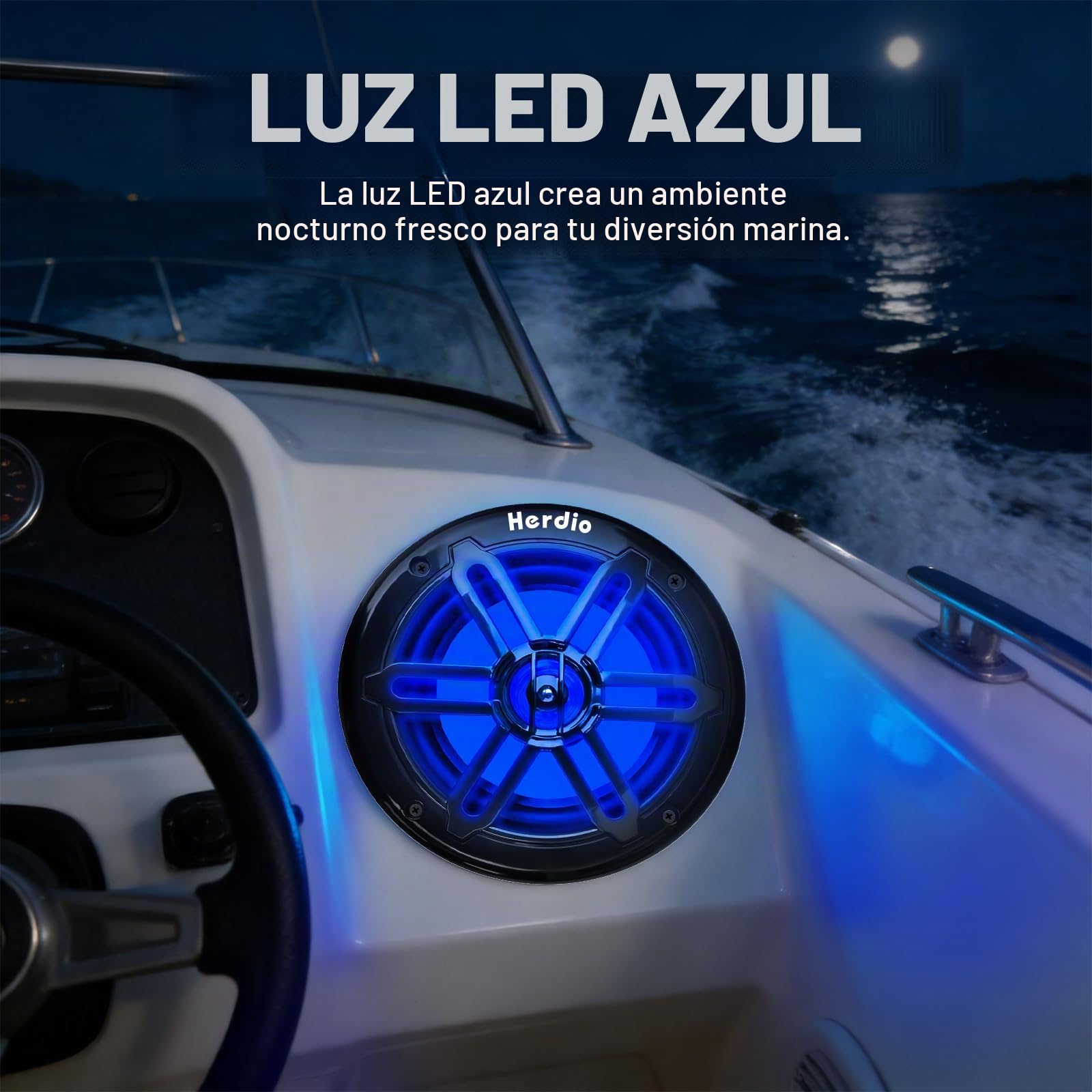 Herdio 8" 450W Marine Speakers - IP66 Waterproof Coaxial Audio, with Blue LED Light for Boats, ATVs, UTVs with UV Resistant Black Grille (A Pair)