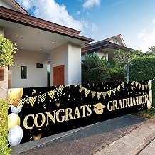 118 x 20 Inches Black and Gold Congrats Graduation Banner Gold Silver Balloon Outdoor Hanging Decorations Graduation Party Photography Background Supplies for Garden Patio Parade