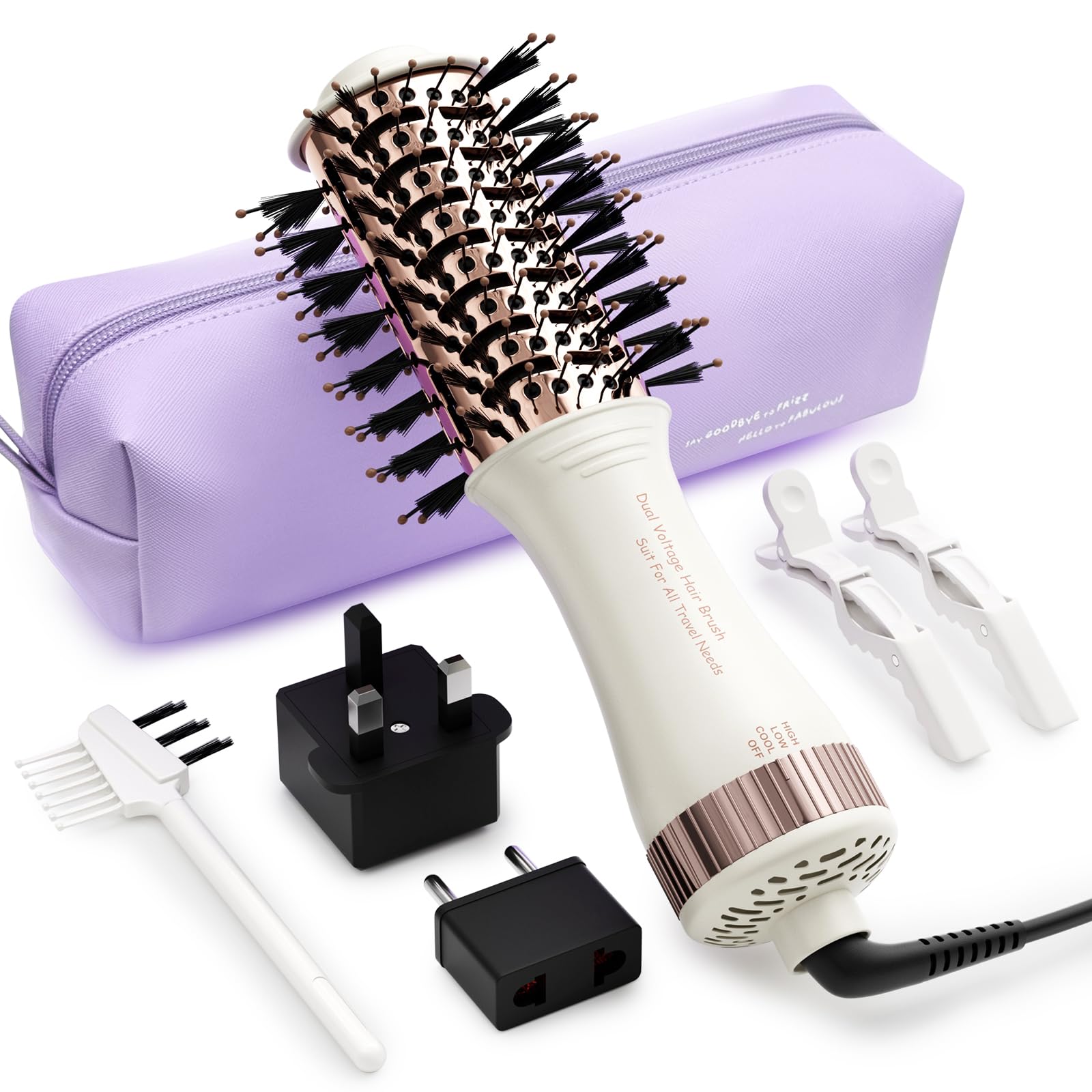 Olaermoso 4-in-1 Travel Dual Voltage Hair Dryer Brush, 2" Mini Hot Air Brush, Travel Hair Styler/Volumizer/Straightener/Curler, 110-240V European Blow Dry Brush with EU&UK Plug
