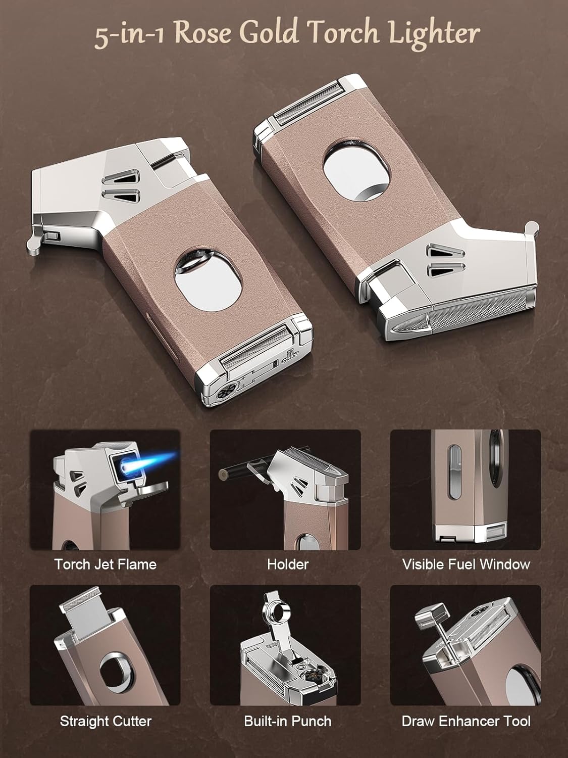 5-in-1 Torch Lighter with Straight Cutter, Punch, Holder, Draw Enhancer Tool, Adjustable Jet Flame, Gifts for Men, Butane Refillable Lighter, Multi-Functional Accessories, Lighter for Travel