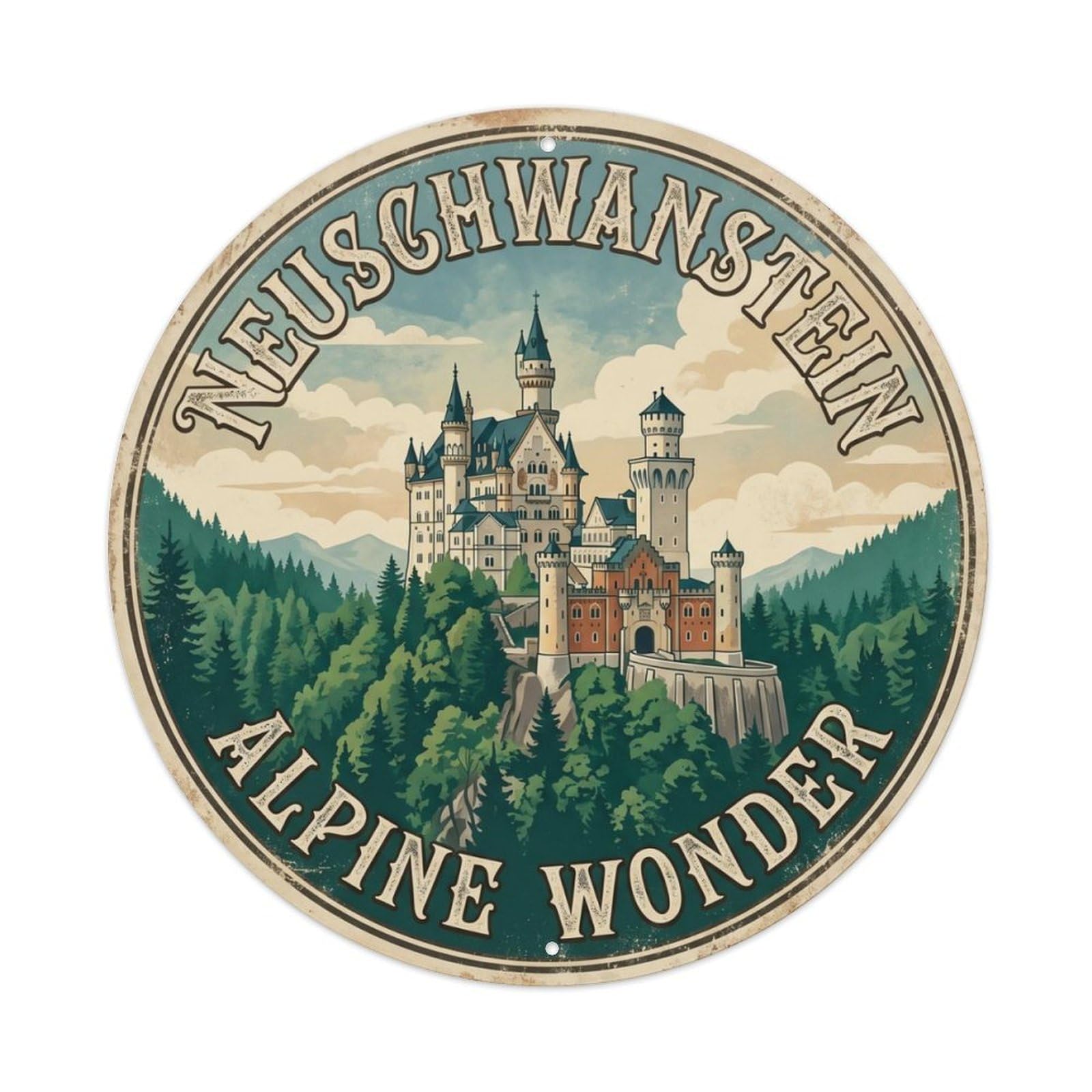 Vintage Travel Neuschwanstein Germany Alpine Metal Tin Sign Plaque Wall Decor for Cafe, Club, Garden Round Metal Poster 8x8Inch