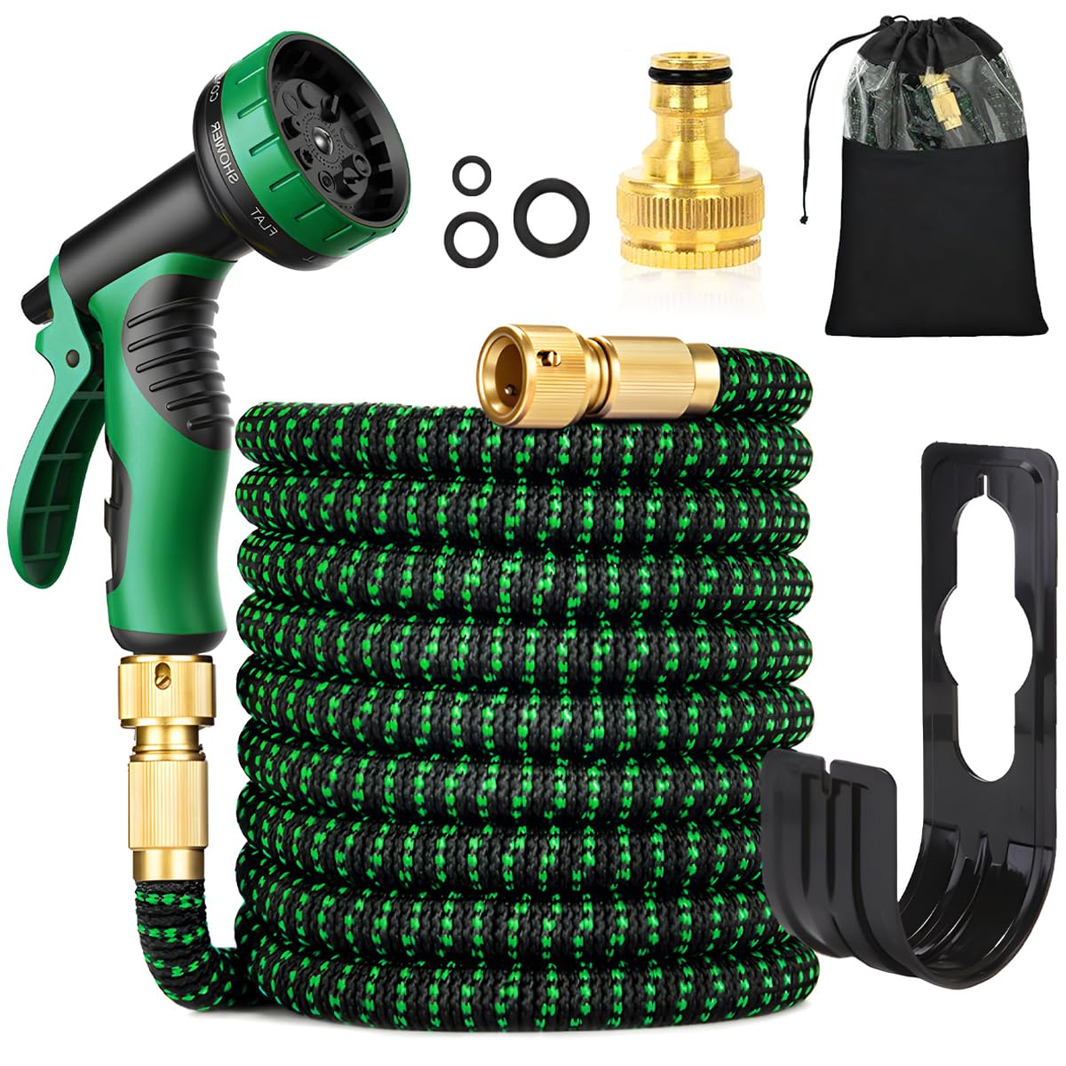 Tubo da giardino flessibile 30 m/100 FT verde, tubo flessibile 10 funzioni | 3 estensibili, con ugello spray e connettori in ottone da 3/4" e 1/2", senza pieghe, per giardino, pavimento, terrazza