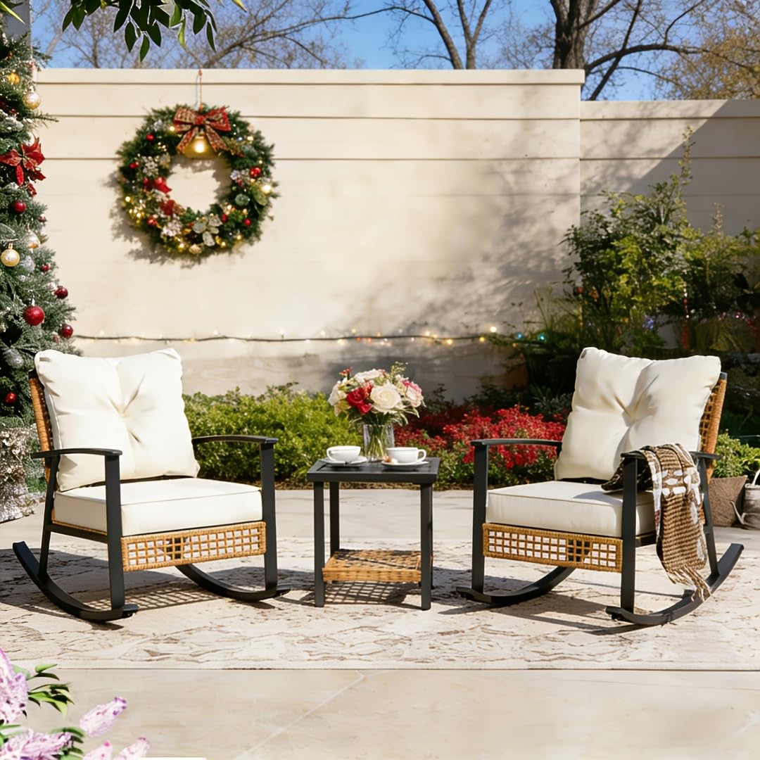 3-Piece Rocking Bistro Set, Outdoor Patio Furniture with Thick Cushions and 2-Tier Coffee Table, Oversize Rattan Conversation Set for Garden, Balcony, Backyard
