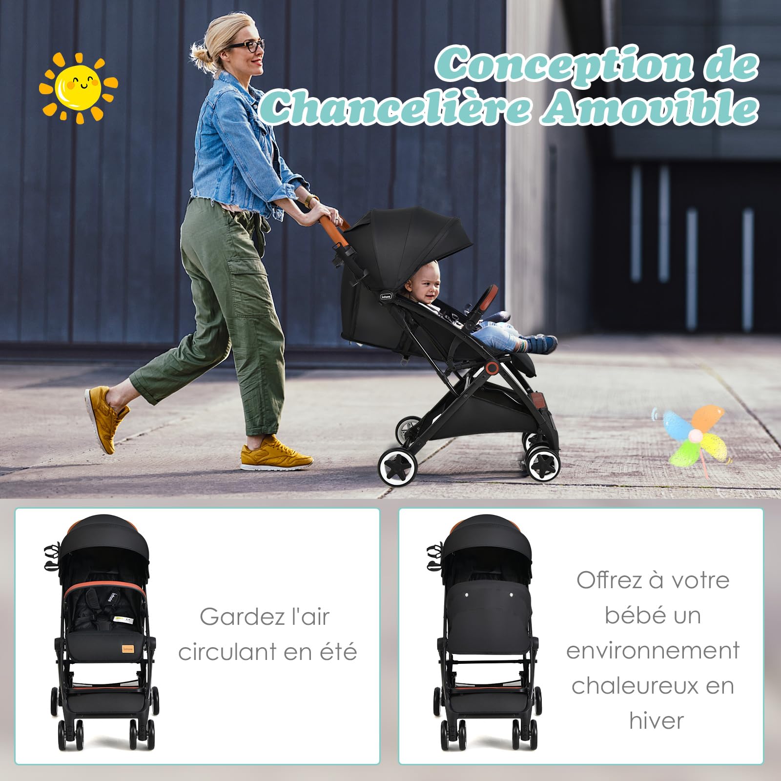 COSTWAY Poussette Canne Bébé 0-3 Ans(Charge 15 kg) avec Dossier & Auvent Réglables, Poussette Compact et Légère avec Moustiquaire & Roues avec Frein, Pliable à une Main, Rangement Inférieur(Noir)