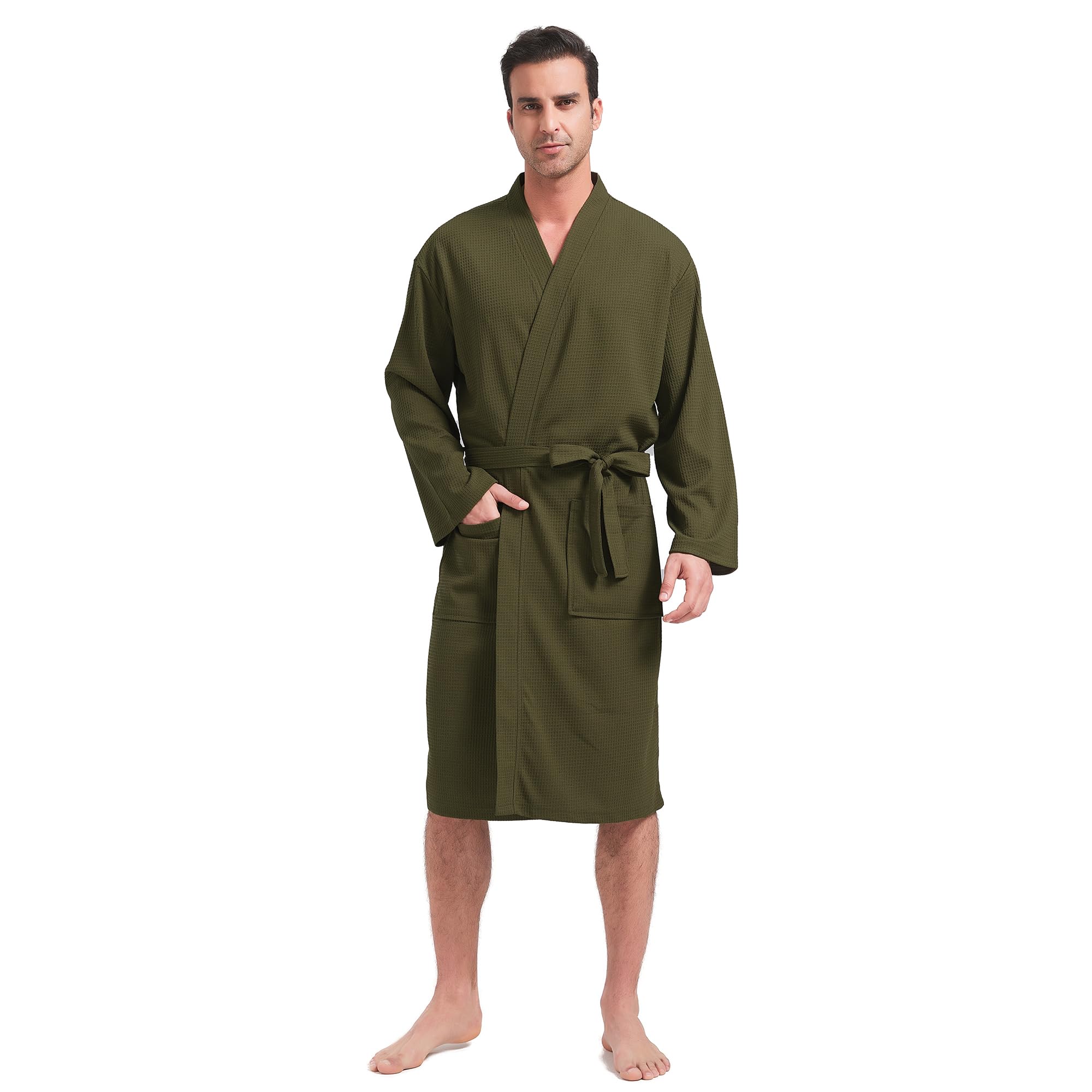 FashGudim Mens Lightweight Waffle Knit Robe Soft Kimono Spa Bathrobes Knee Length Summer Robes