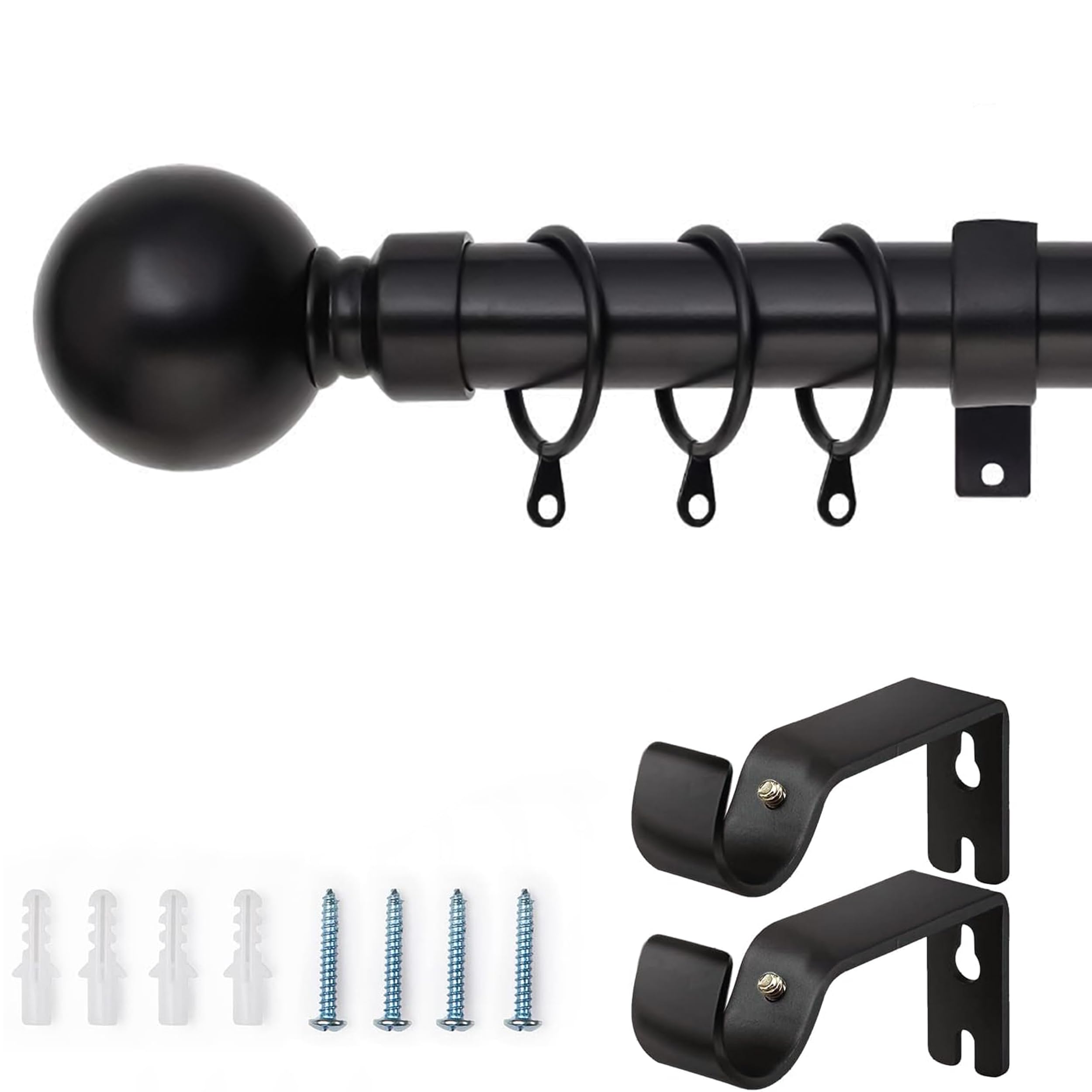 AMEHA Curtain Poles Plain Metal Ball Extendable Curtain Pole Includes Adjustable Curtain Rod, 60 mm Finials, Rings, Brackets and Fitting Set (70-120cm, 28 Inch to 48 Inch, Matte Black)