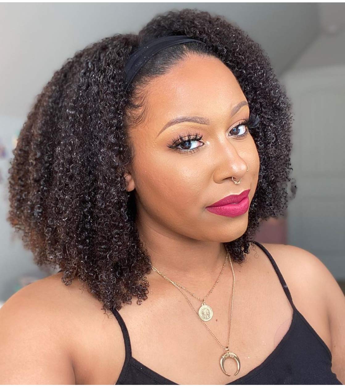 4B 4C Curly Headband Human Hair Wig 180% Full Density Afro Kinky Curly Full Machine Made Human Hair Wig With Headband (10inch, 180% density)