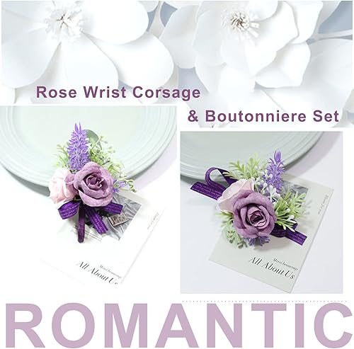 Miniatura 6 de Juego de 2 ramilletes de muñeca morados y boutonniere, ramillete de rosas artificiales y boutonniere para hombre, para boda, graduación,