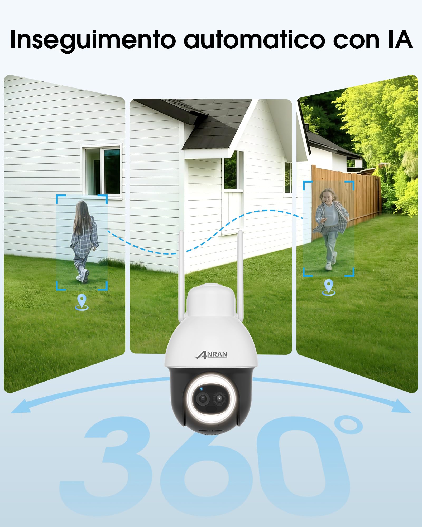 ANRAN 5MP+3MP 24/7 AOV Telecamera Wi-Fi Esterno Senza Fili | Tracciamento Automatico, Rilevamento AI, 8W Pannello Solare, 360° PTZ Videocamera, IP66