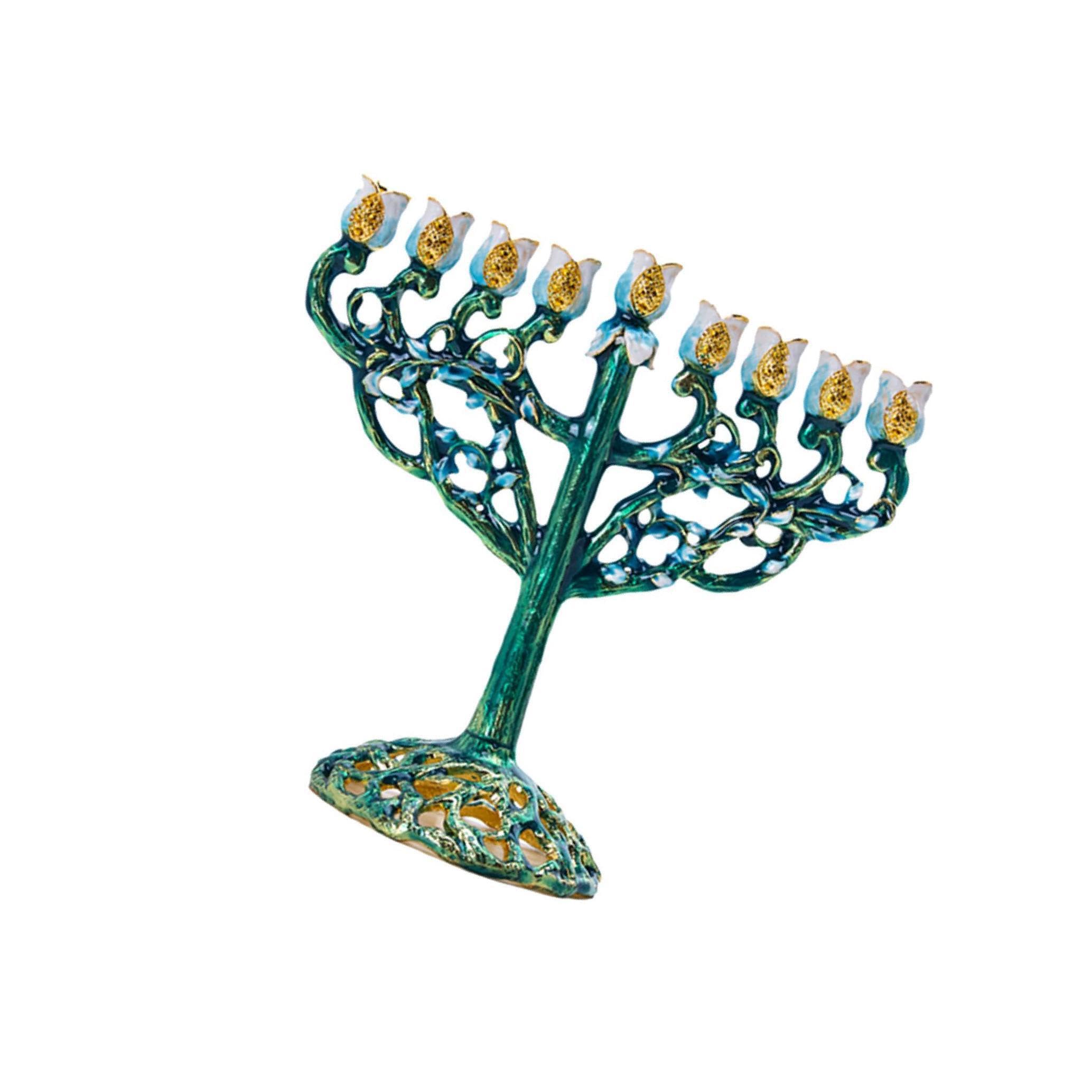 QUXVUIS Exquisite Hand Painted Hanukkah Enamel Menorah Embellished Jewish Candelabra Candle Candlesticks, Green, Large
