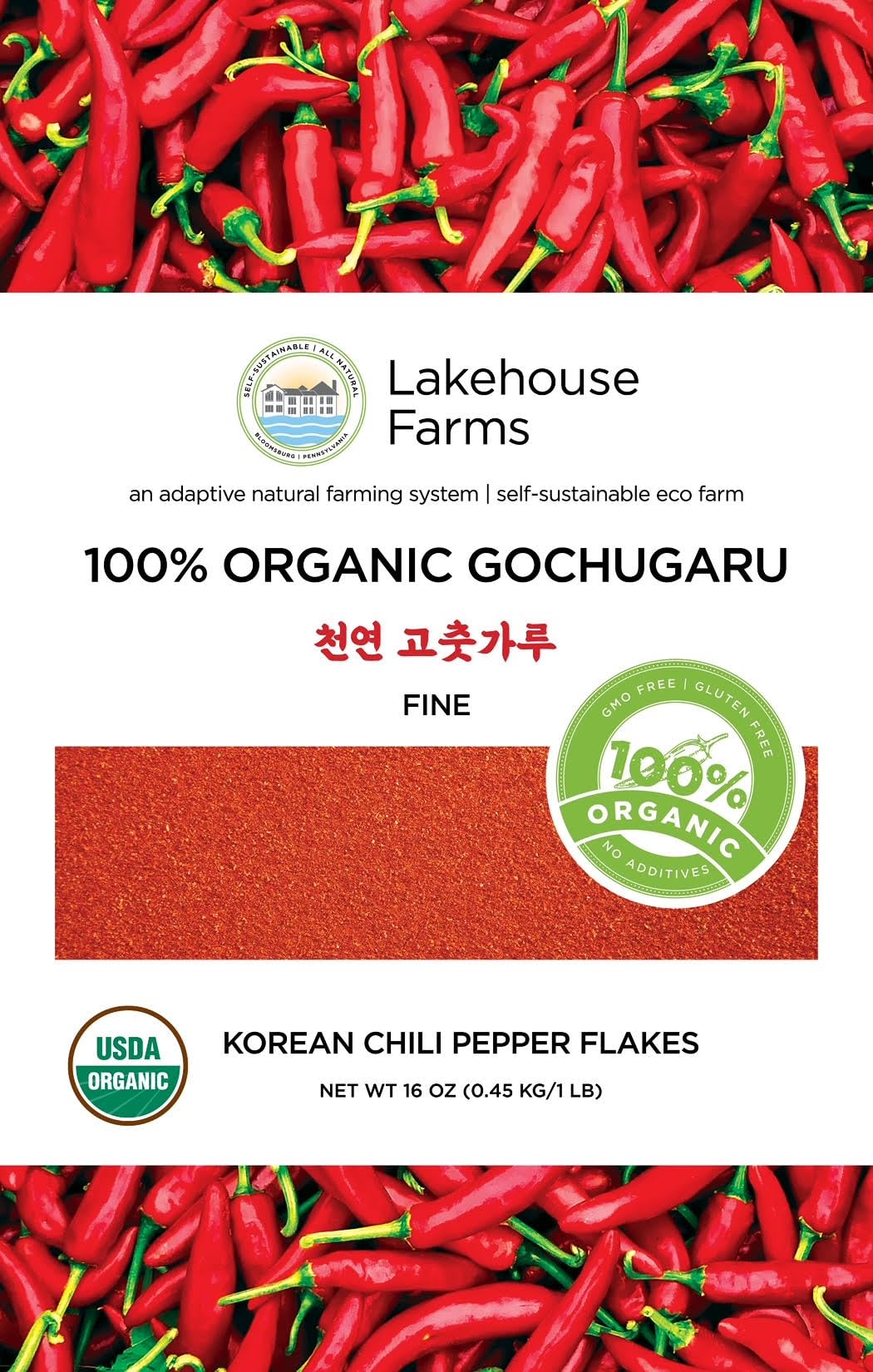 Lakehouse Farms 100% Organic Korean Chili Pepper Flakes/Powder (Gochugaru) - The Only U.S. Grown Organic Certified Korean Pepper Flakes (1 Pound - Fine)