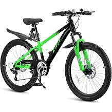 24 Inch Kids Mountain Bike for Boys Girls Ages 8-12, 7-Speed Kids' Bicycles with Front Suspension Fork, Front & Rear Disc Brakes, Adjustable Seat Height Youth Mountain Bike for Outdoor Adventure