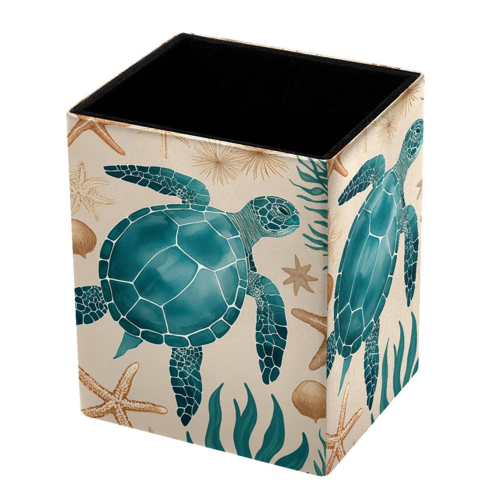 HEOEH Pen Holder for Desk, Vintage Turtle Starfish Pencil Holder Pen Organizer, PU Leather Pencil Cup Makeup Brush Holder for Home School Office Supplies