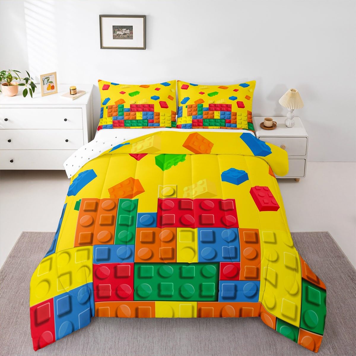 Feelyou Building Block Print Comforter Set Full Size Kids Brick Styles Comforter for Boys Teens Colorful Bedding Set Breathable Gaming Yellow Duvet