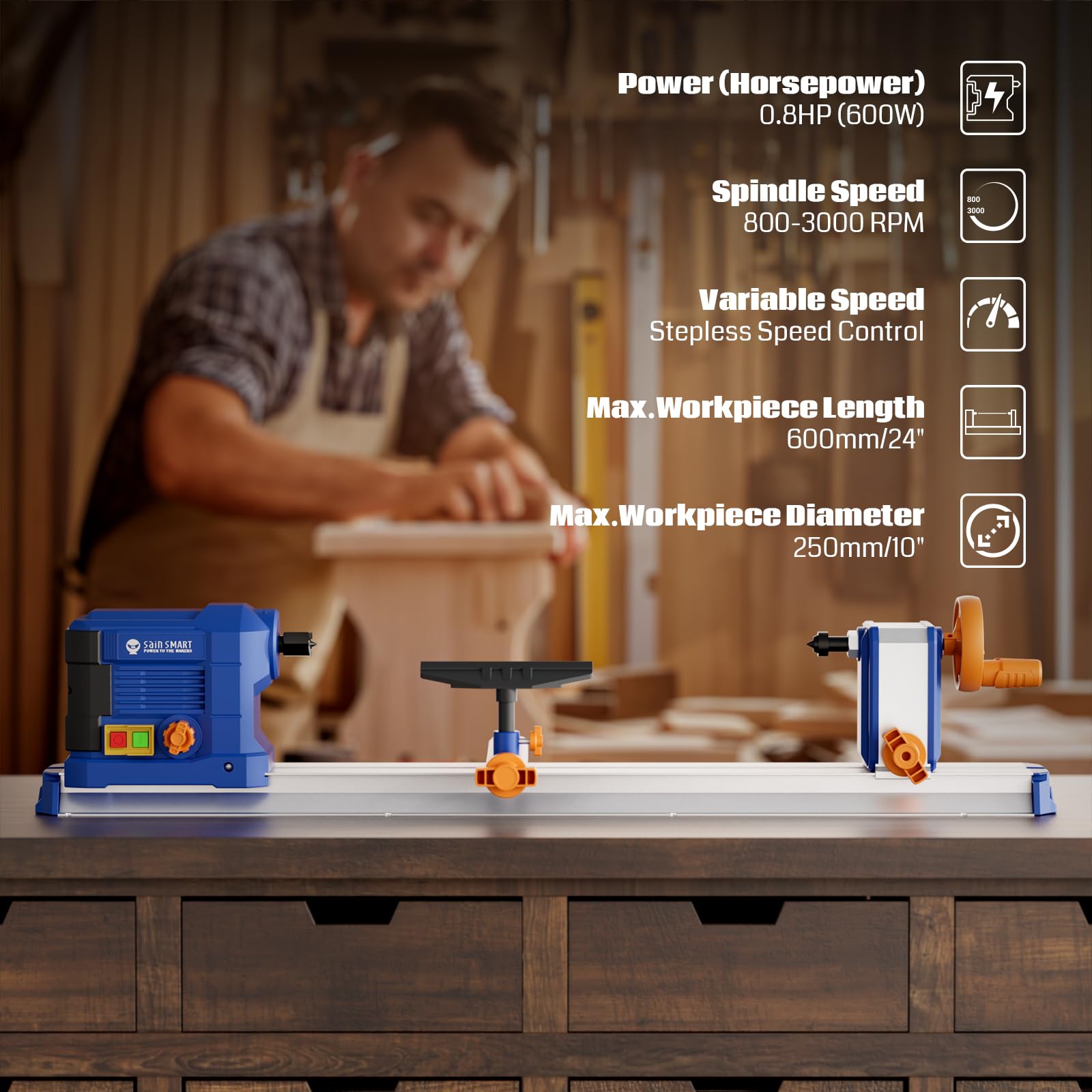 sainsmart Tisch-Drechselbank, 10 x 24 Zoll, 600 W, 0,8 PS, Drechselbank mit stufenloser Drehzahlregelung von 800–3000 U/min, Drechselmaschine mit komplettem Zubehör für die Holzbearbeitung