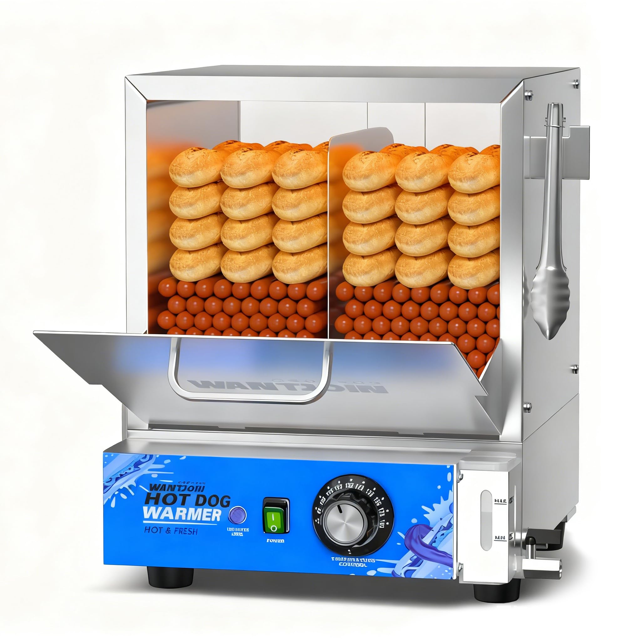 WantJoin Hot Dog Steamer Machine - 28.8QT Commercial Electric Hotdog Machine with Bun Warmer Tempered Glass Stainless Steel Steamer Machine for 160-175 Sausages and 30-40 Buns
