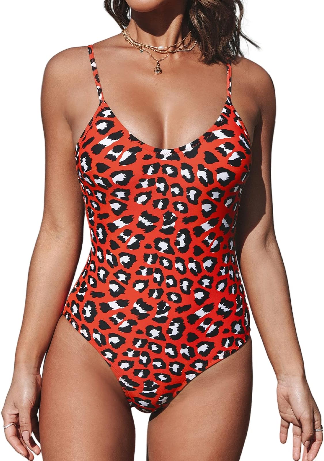 CUPSHEWomen's V Neck Leopard Print One Piece Swimsuit