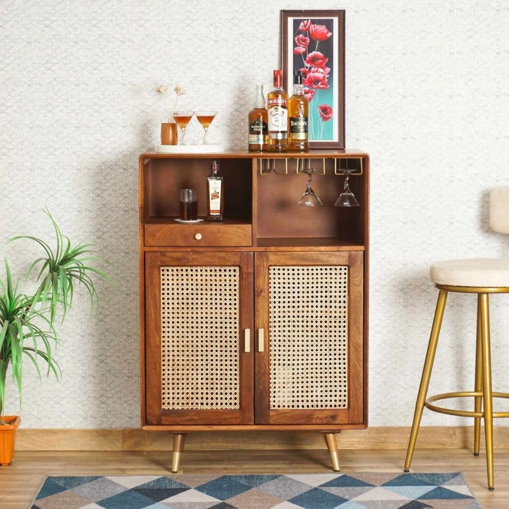 FURNSTREET FURNITURE Mid-Century Modern Storage Cabinet, Solid Wood with Rattan Doors, 1 Drawer, Brass Hardware, Bar Hooks W-81 X D-39 X H-114 cm-image-14