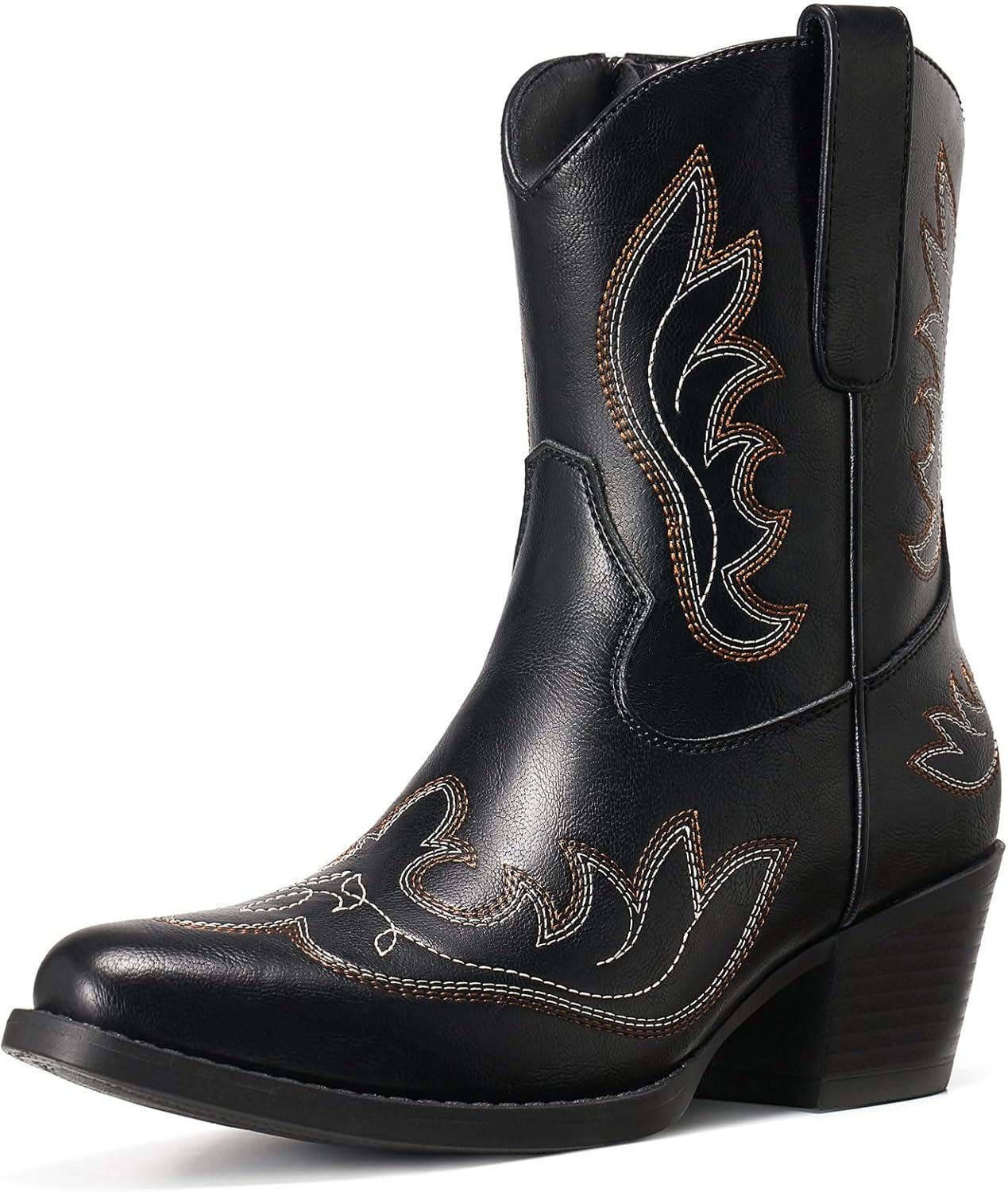 Rollda Cowboy Boots for Women, Short Cowgirl Booties with Side Zipper, Ladies Ankle Western Boots Retro Vintage Snip Toe Chunky Heel