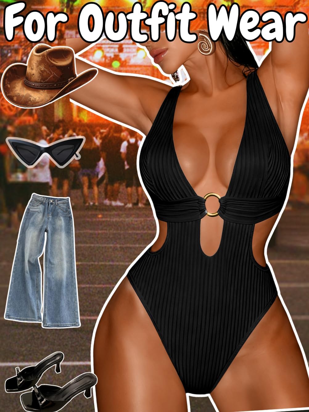 Sexy Women Plunge V One Piece Swimsuit,Cut Out Textured Cheeky High Cut Bathing Suit, Pool Party Monokini Rave Outfit - Image 6