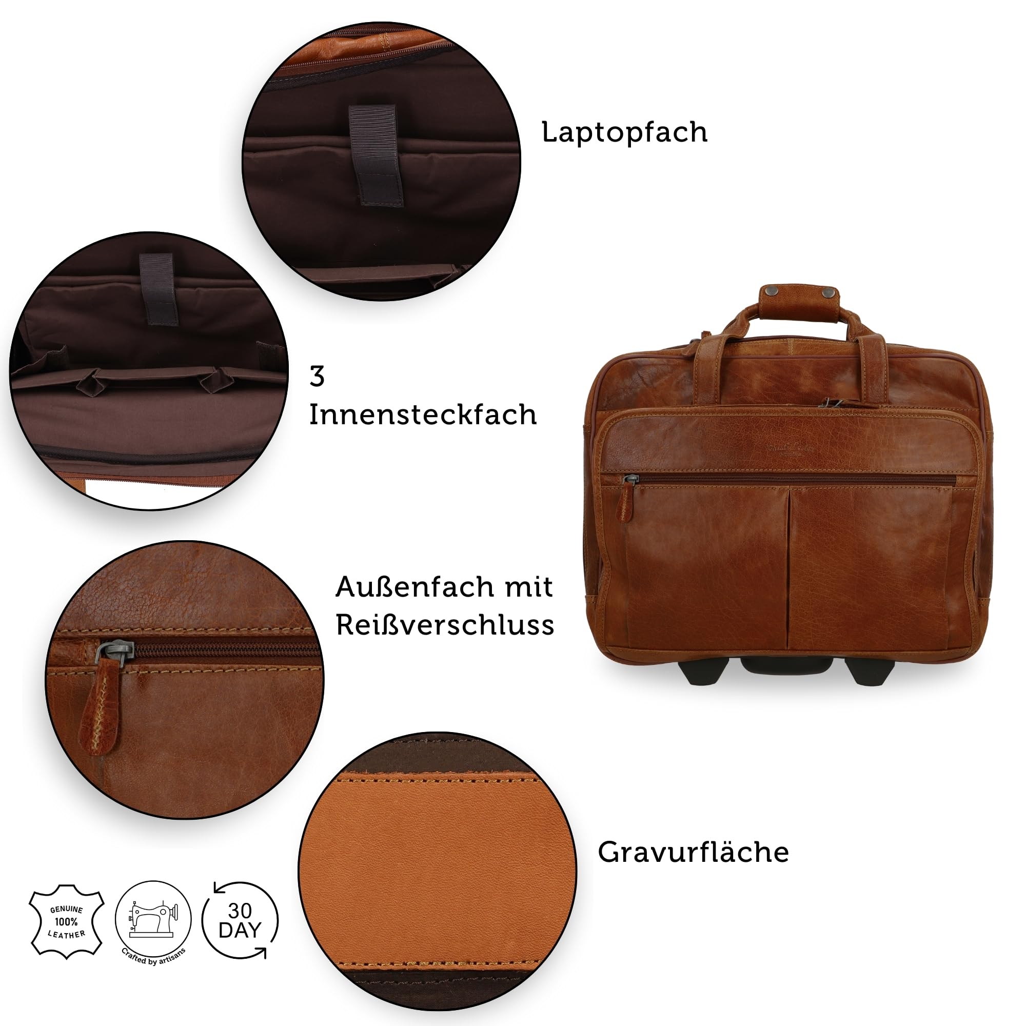 Gusti Leder Trolley Rollkoffer Handgepäck – Echtes Leder Cabin Suitcase mit Rollen – Business Trolley & Aktentasche mit Laptopfach für Reisen und Arbeit
