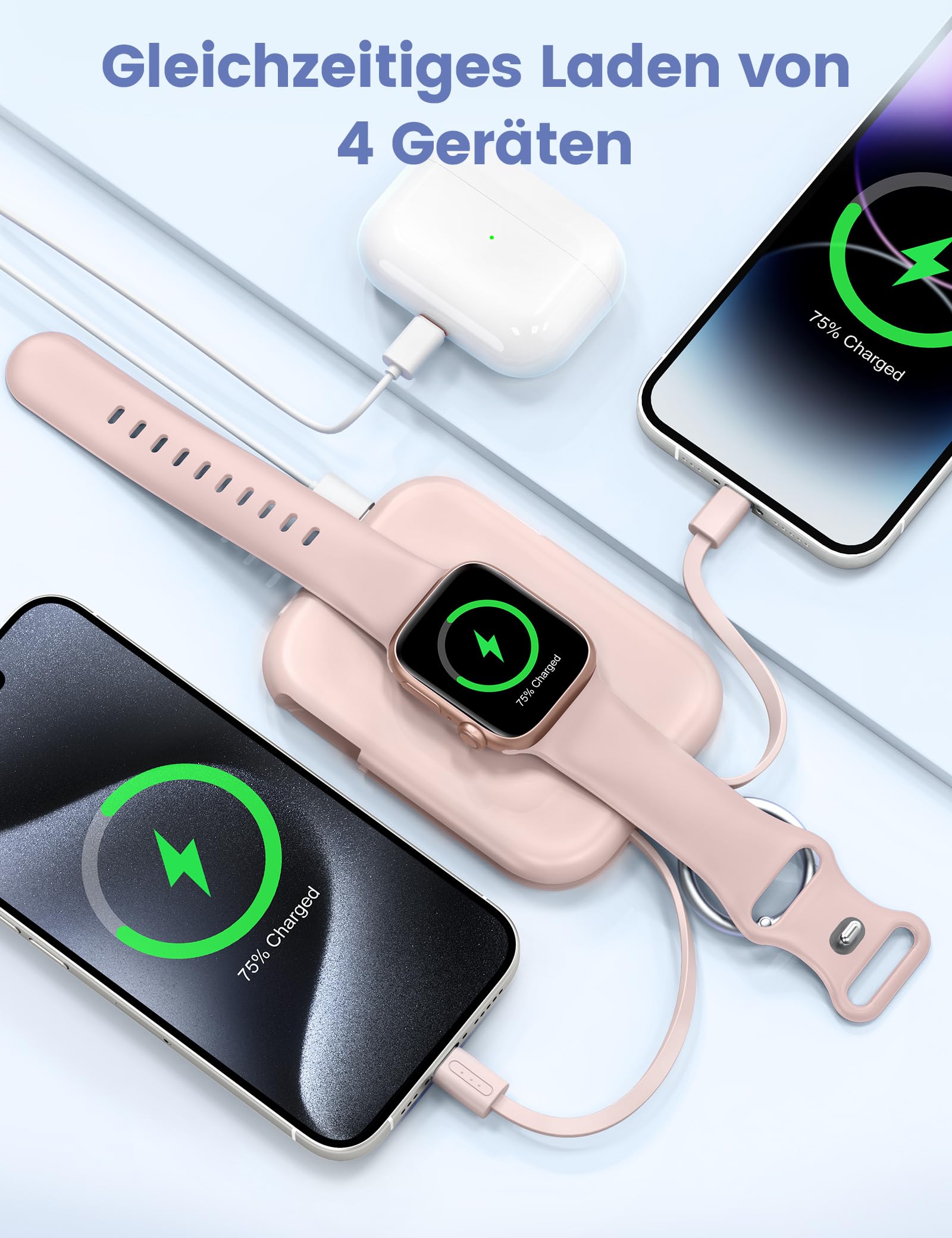 RORRY Power Bank, 5000mAh Powerbank mit Integriertem Kabel, Reise Portable Charger Schlüsselanhänger Externe Handyakkus für iPhone 17/16/15/14/13/12, Apple Watch Ultra/11/10/9/8/7/6/SE, Rosa