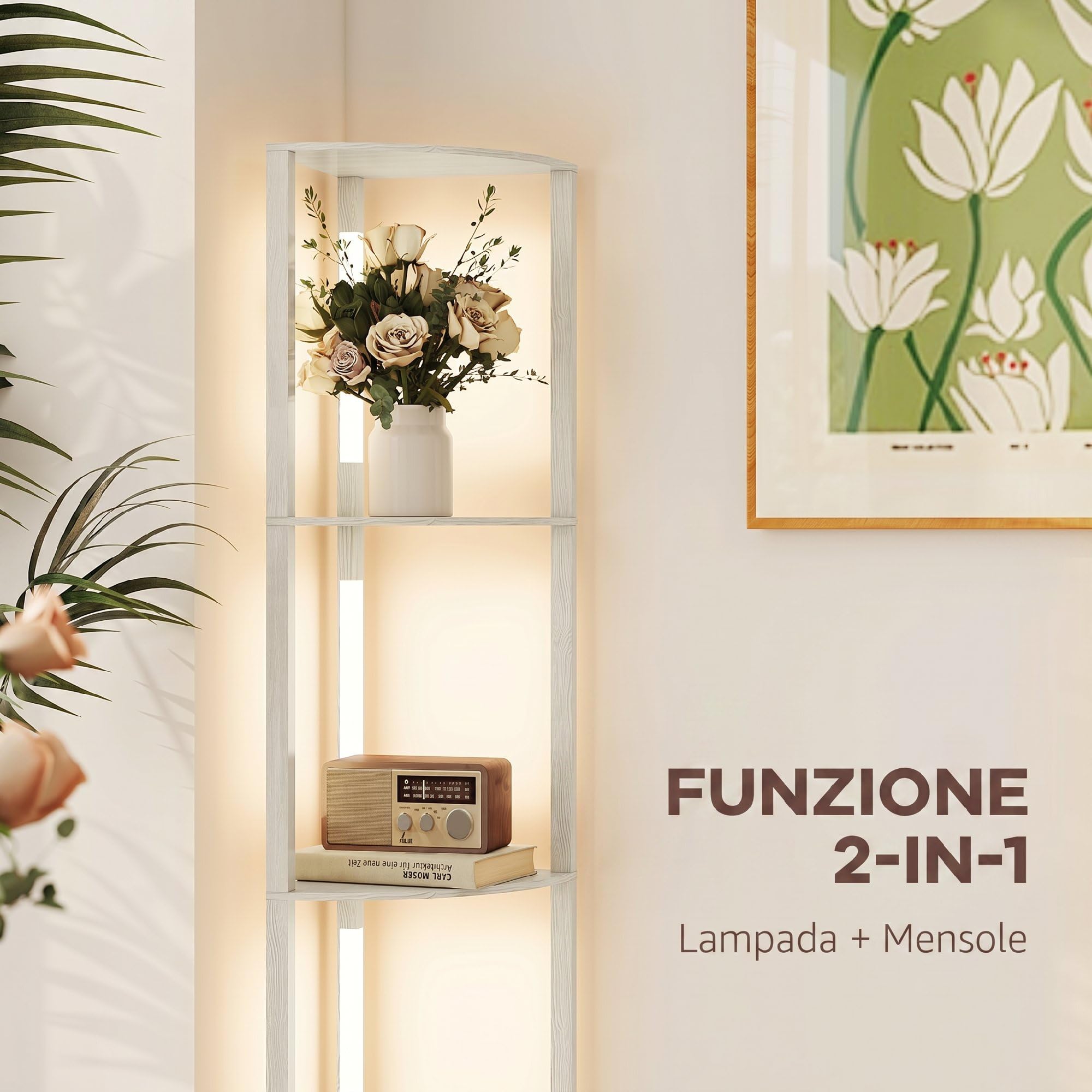 HOMCOM Lampada da Terra con 4 Ripiani Regolabile 41x29.5x163.5 cm Rovere | Da LED da 3000K, 3 Livelli, Lampada Moderna a Colonna in MDF