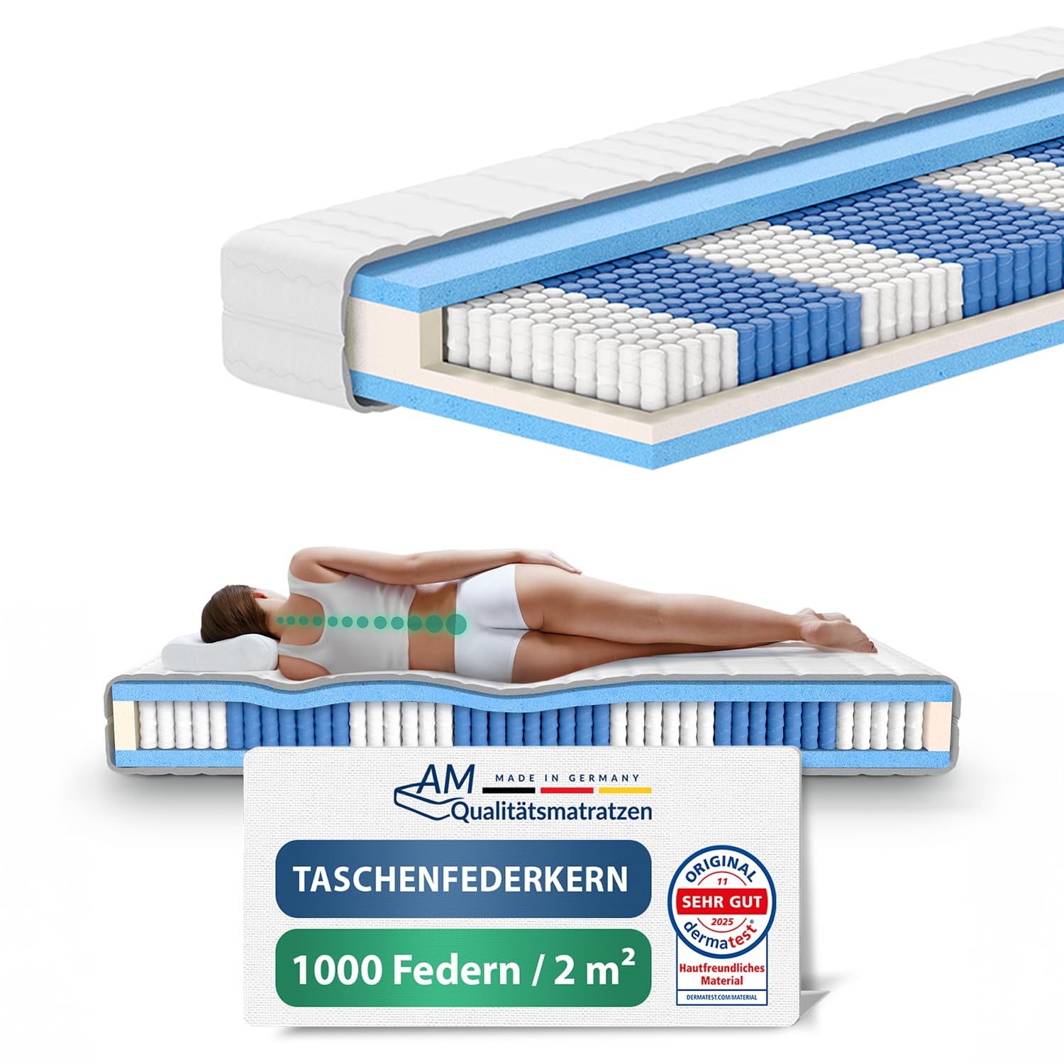 AM Qualitätsmatratzen 1000 Federn Taschenfederkernmatratze 90x200cm H3 24cm - Made in Germany & Oeko TEX Siegel - Federkernmatratze 90x200 mit Lyocell Bezug - 7 Zonen Matratze 90x200 H3