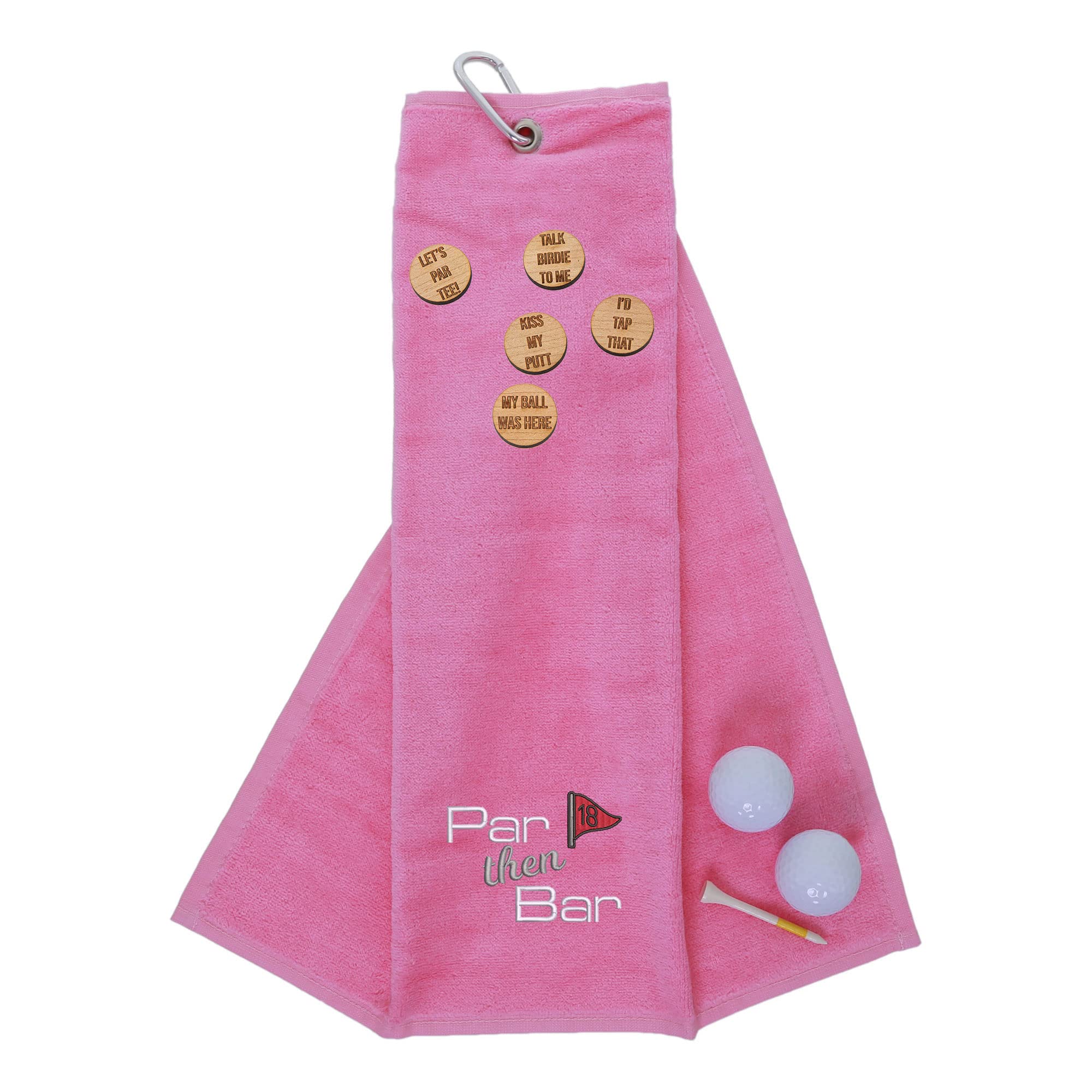 Funny Trifold Golf Towel and Comedy Wooden Ball Marker Set Gift for Men, Carabiner Clip for Golf Bags, Par Then Bar, Pink