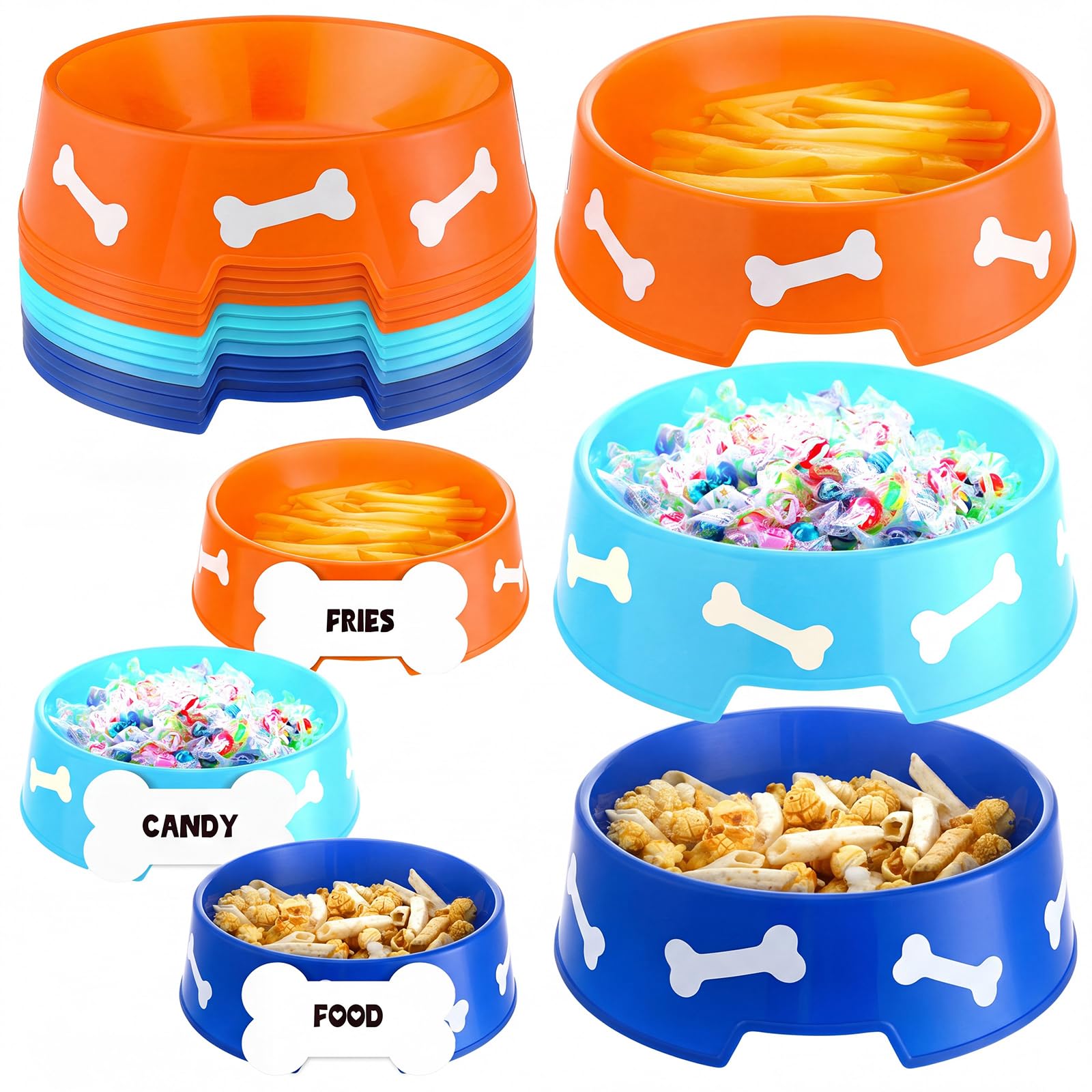 Photo 1 of CroBlissful 12 Pack Dog Paw Plastic Bowls Dog Theme Birthday Decoration Party Supplies Blue Yellow Snack Bowls Plates Puppy Food Trays with Bone Cards for Party Favors Table Centerpieces(Light Blue)