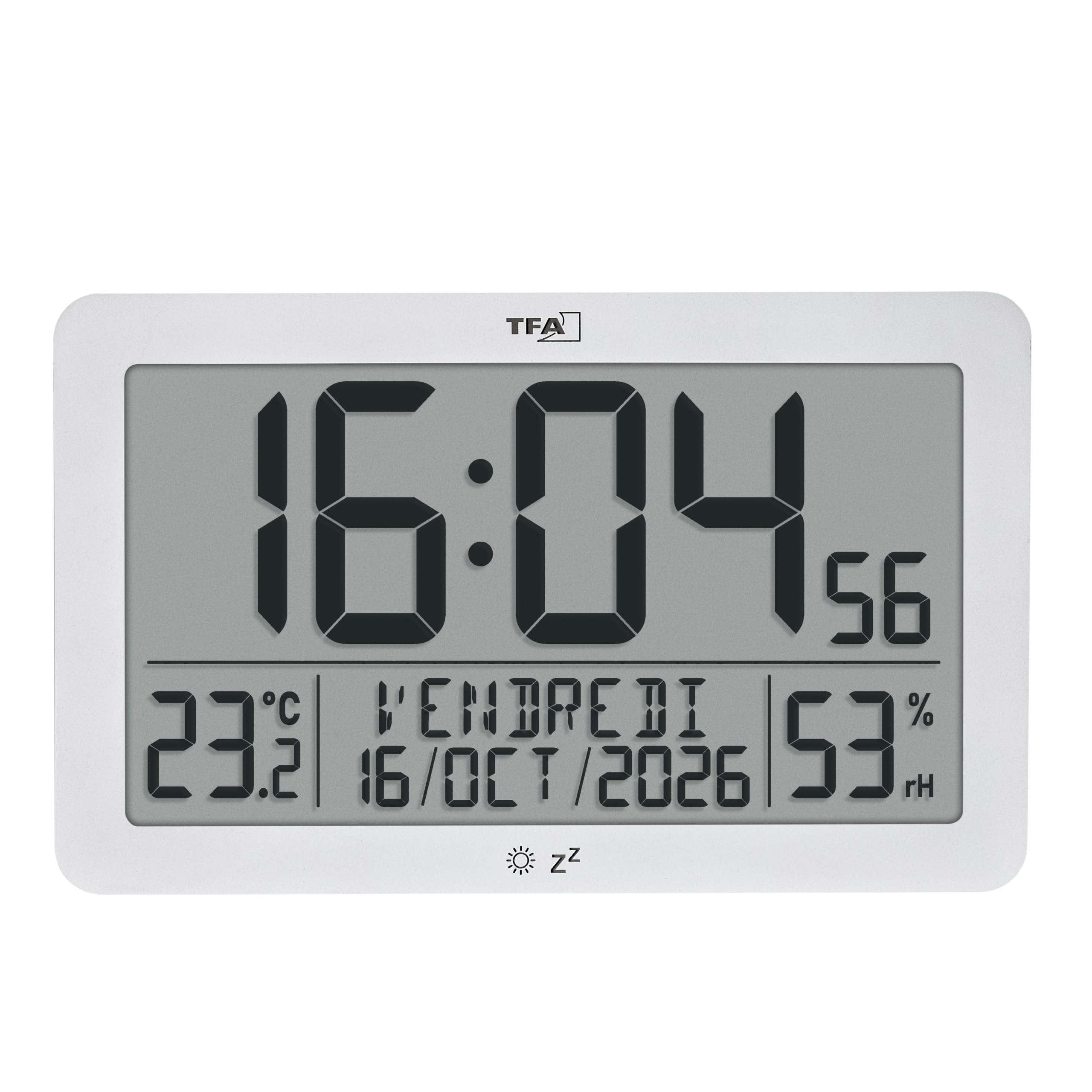 TFA Dostmann Horloge Murale Moderne, numérique radiocommandée, température ambiante, humidité, 60.2568.02, Grand Format, Affichage du Jour, de la Semaine et de la Date, Fonction réveil, Blanc