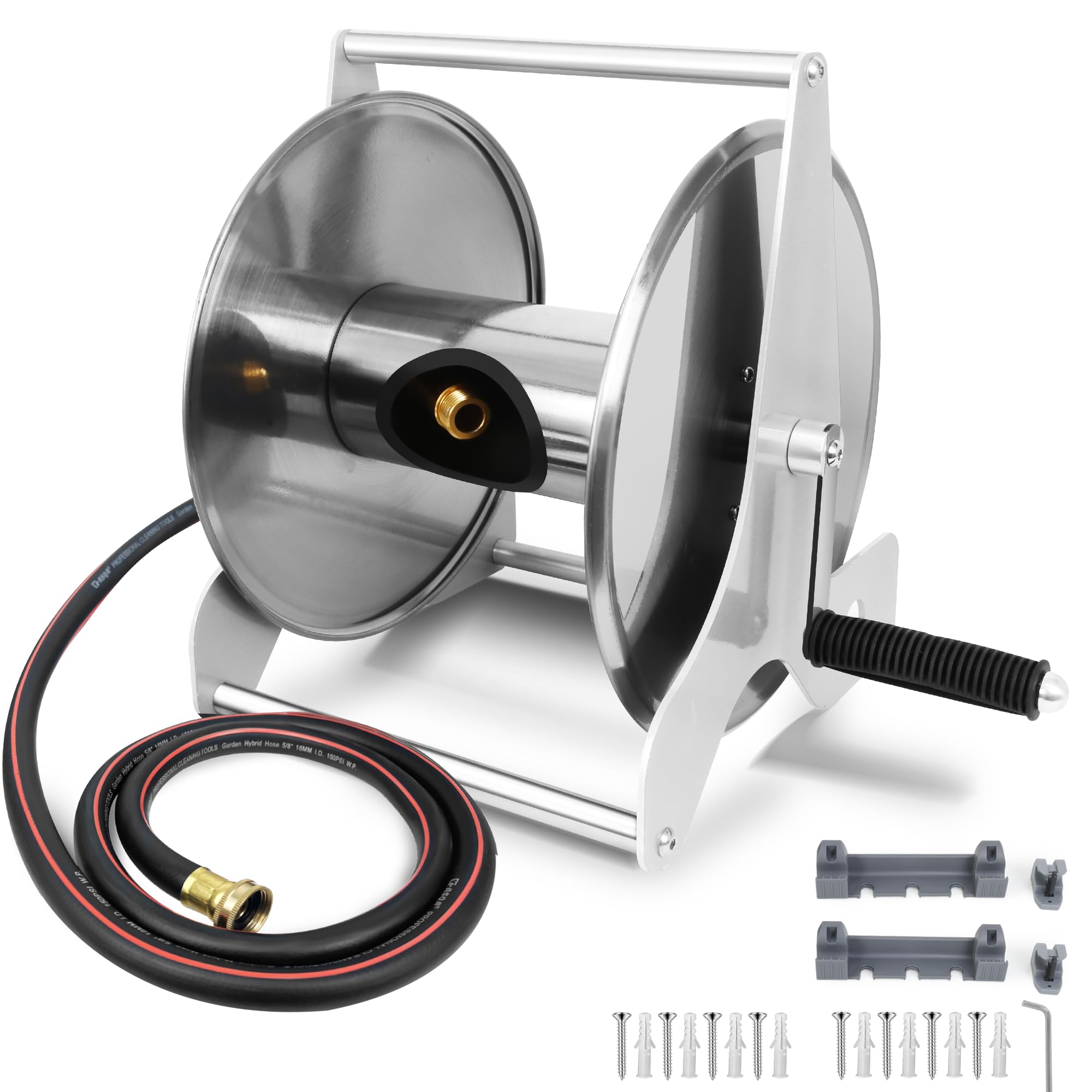Stainless Steel Garden Hose Reel, Wall/Floor Mounted, Retractable with Crank, 150 Ft Capacity