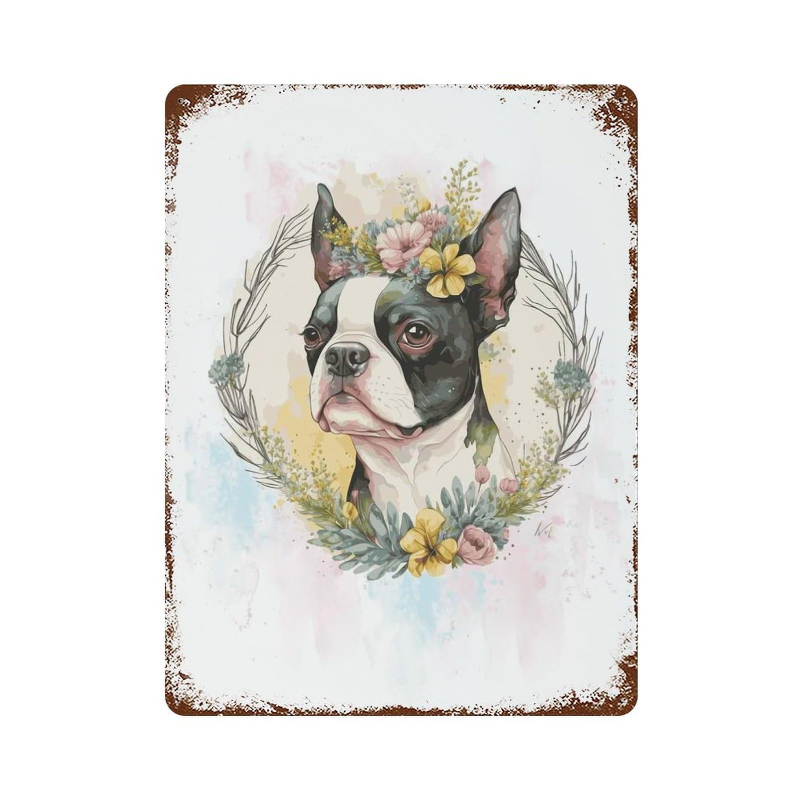 Floral Boston Terrier 15.7"x11.8" Vintage Rust Metal Sign, Classic Wall Plaque for Pub, Kitchen And Man Cave Decor