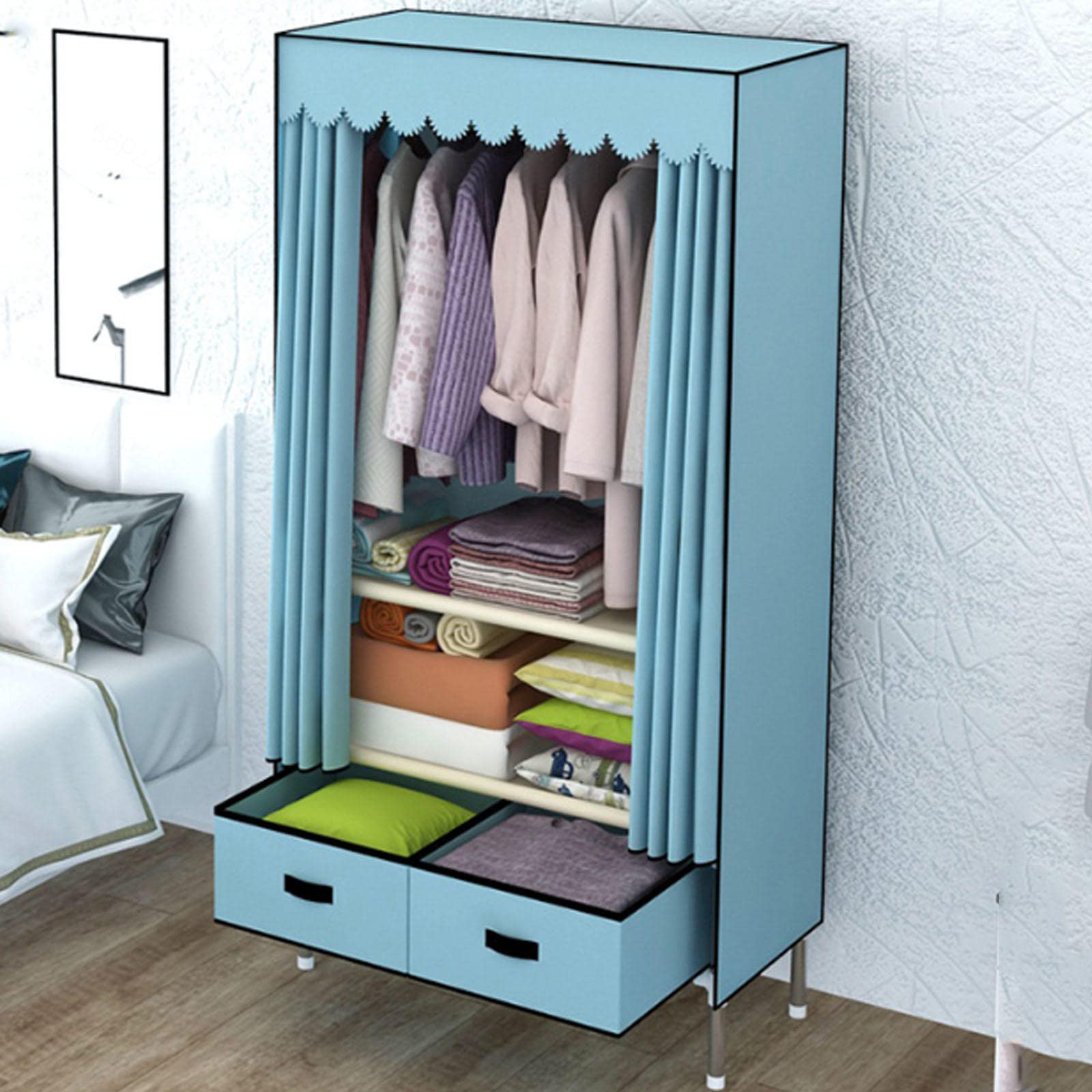 Guardaroba in Tela, Ripiani per Guardaroba Portatili con Asta Appendiabiti, Ripiani E Cassetti, Organizzatore per Armadio in Tessuto per Camera da Letto,Blue-83x45x168cm