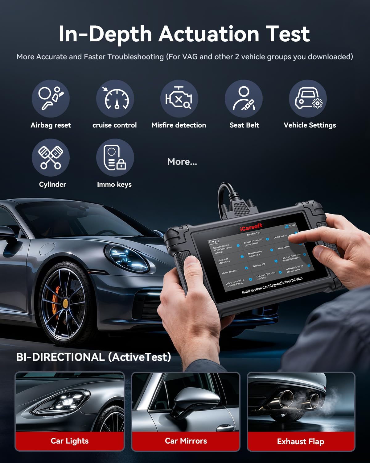 iCarsoft DE V4.0 Profi-Diagnosegerät OBD2/OBDII für deutsche Fahrzeugmarken, 5-Zoll-Touchscreen, AutoVIN, CAN-FD, 48 Servicefunktionen, ECU-Codierung, WLAN-Updates
