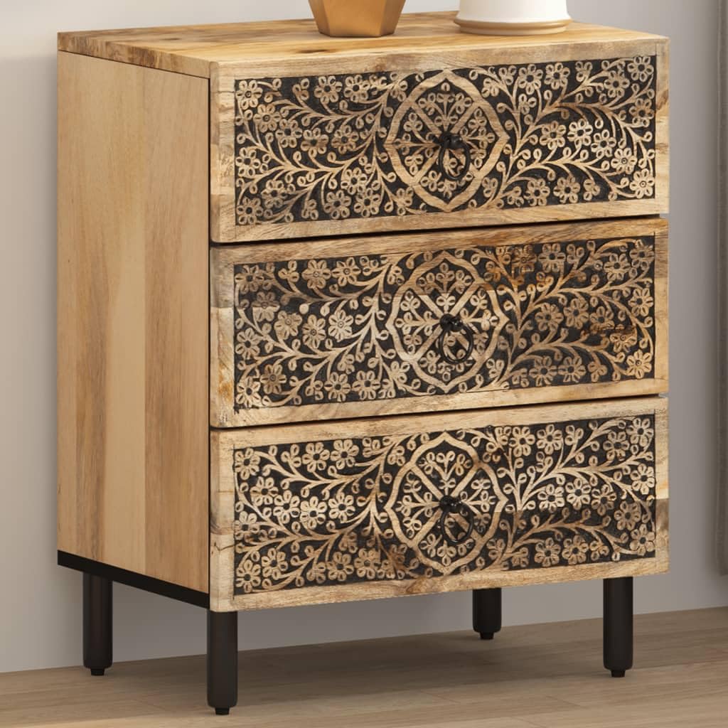 Table de chevet en bois de manguier massif 50 x 33 x 60 cm avec 3 tiroirs, pieds en fer, motif floral sculpté à la main, étagère et espace de rangement pour chambre à coucher, couloir ou