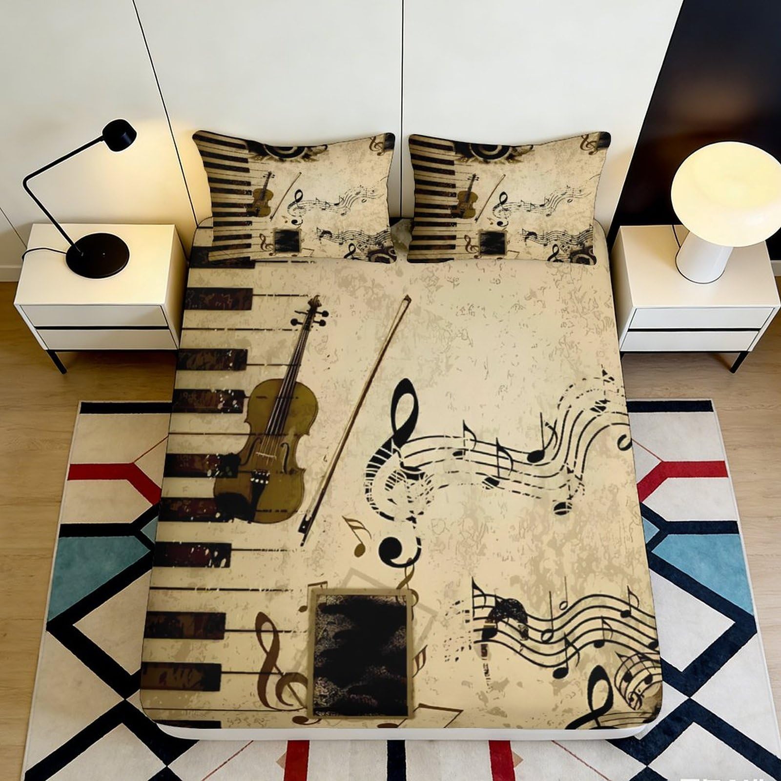 3D Printed Musical Notes Fitted Sheet Microfiber Violin Bed Sheet for Bedroom Decor Easy Care Dustproof 90x200x25cm