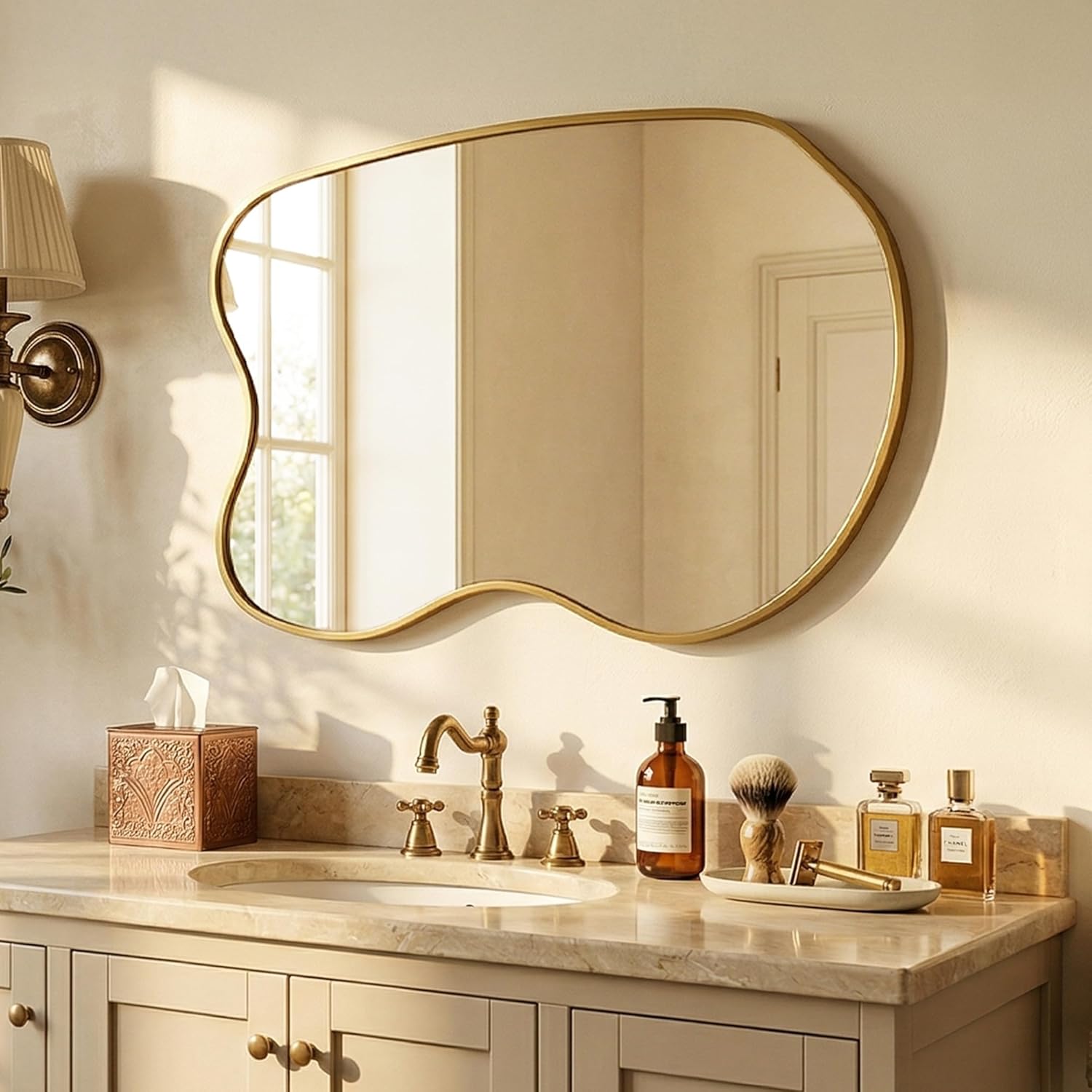 Dorlicecass Irregular Wall Mirror,28"x40" Asymmetrical Unique Abstract Wavy Aluminum Alloy Frame,Modern Decorative Mirror for Living Room,Bathroom,Bedroom,Entryway,Cloakroom Gold x1