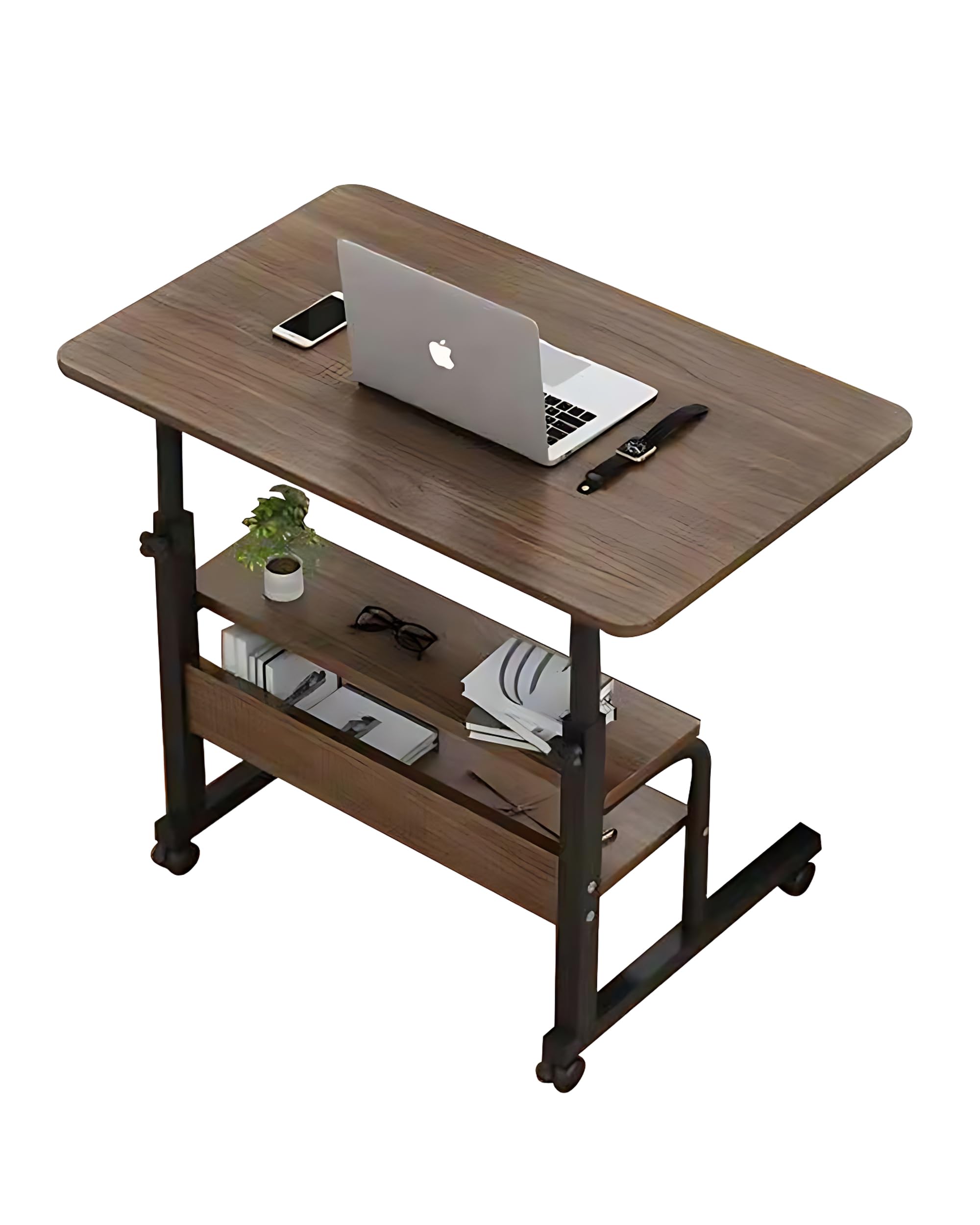 Amzz Portable Laptop Computer Desk Stand with Wheels - Height Adjustable Mobile Side Table with Storage Shelves - Ideal Notebook Workstation for Couch, Living Room andBedroom (Black Oak)