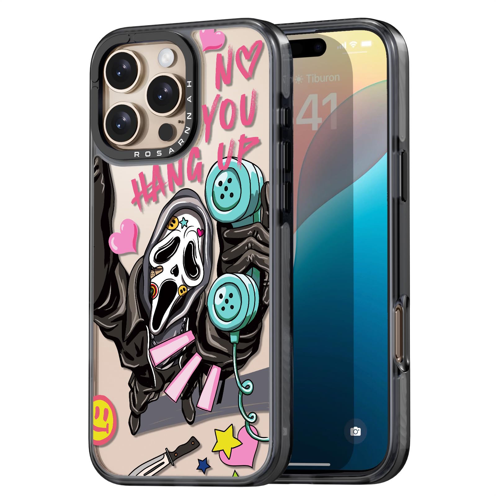Rosarnnah Compatible for iPhone 16 Pro case Cute - Durable Shockproof 6.6 ft Drop Impact Phone Case - Black Funny Skeleton Halloween Design for iPhone