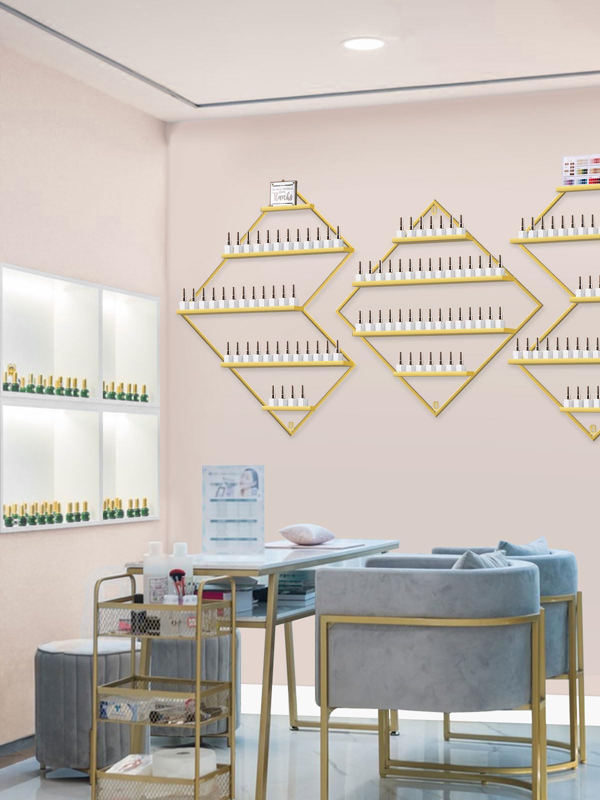 Kalolary 3 Stück Nagelllack Ständer aus Metall zur Wandmontage, Gold Präsentationsregal Kosmetikvitrinen Lippenstift Parfüm Wandregal Ätherische Öle Organizer für Zuhause Spa Nagelstudio Geschäft