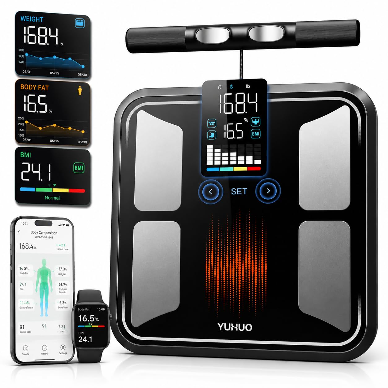 YUHUO Báscula inteligente para peso corporal, báscula digital de baño de 8 electrodos con IMC, grasa corporal, masa muscular, analizador segmentario de composición de cuerpo completo, sincronización