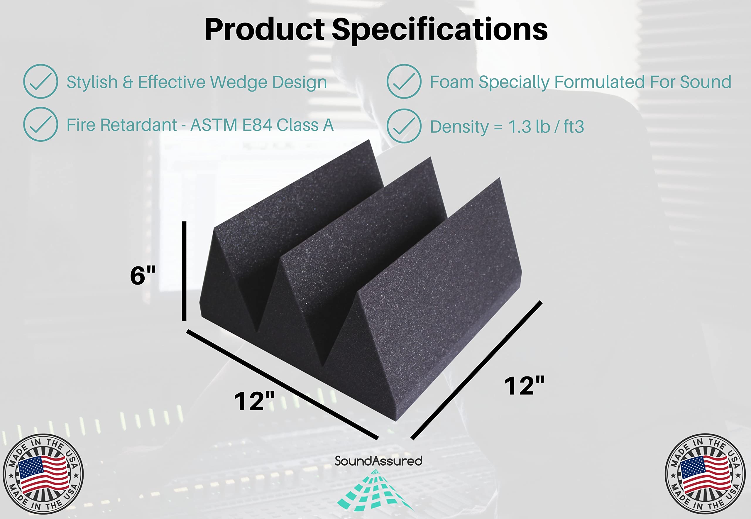Professional Acoustic Foam Panels 12” x 12” x 6” Soundproofing Tiles - 6 Inches Thick For Maximum Sound Dampening And Broadband Sound Control - Ultra Absorbent Acoustic Foam Wedges (24 Pack, Charcoal)