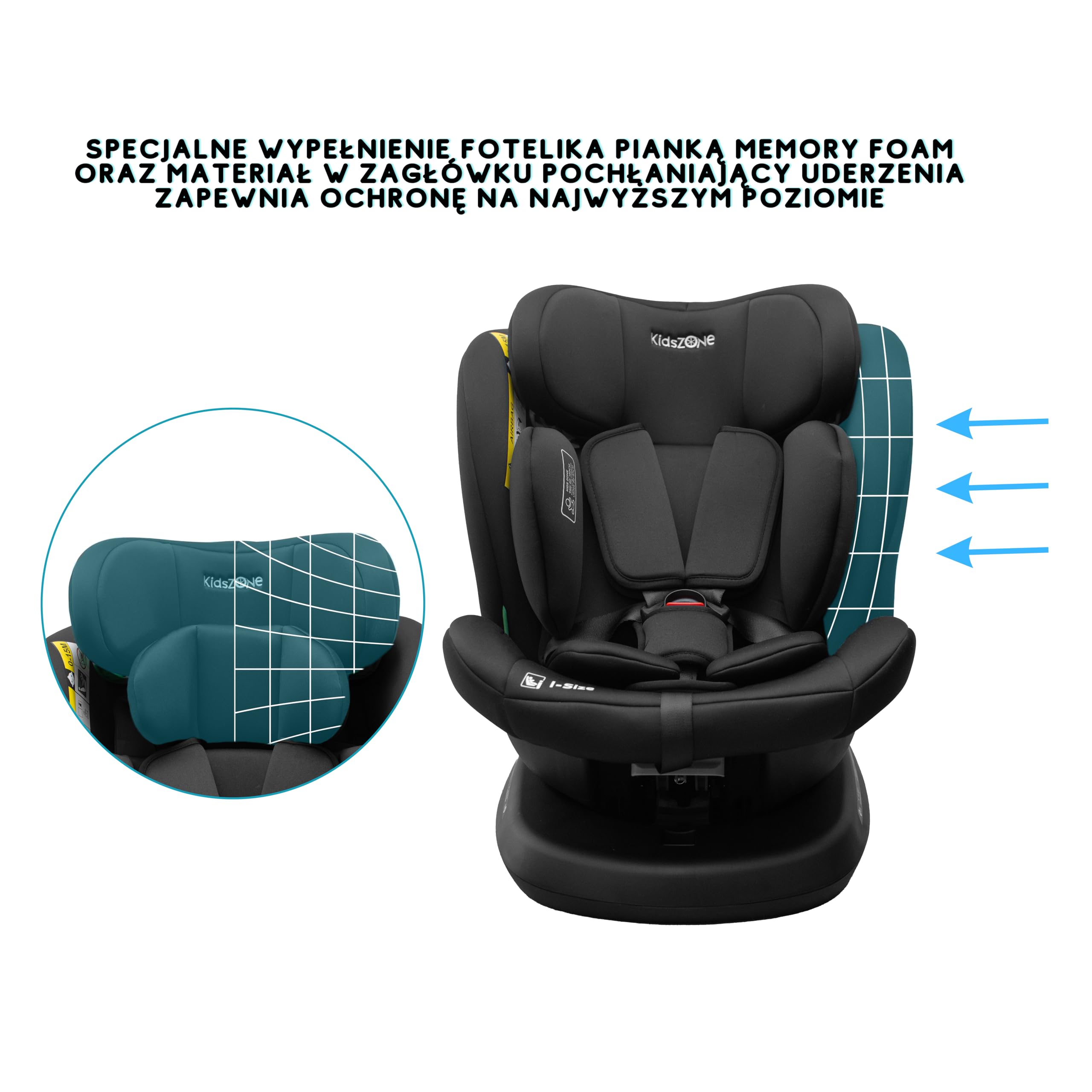 KidsZone Fotelik dziecięcy 9-36 kg, i-Size 40-150 cm – fotelik samochodowy z ISOFIX, obracany o 360°, RWF i FWF, 5-punktowe pasy, regulacja wysokości, pianka Memory Foam – fotelik samochodowy dla