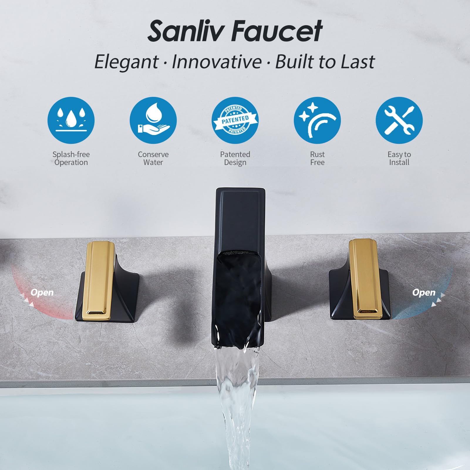 Two-Tone Black and Gold Bathroom Faucet Sanliv 2-Handle Widespread Bathroom Faucet for 3-Hole Sinks 4-8 Inch 3-Piece Waterfall — view 3