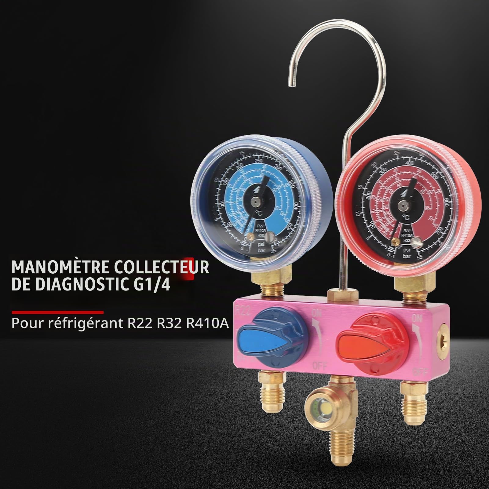 Manifold Diagnostic Climatisation avec Double Manomètre, avec Hublot et Robinets à Billes, pour Réfrigérants R22, R32 et R410a, pour Diagnostic, l'Entretien Système Climatisation Automobile