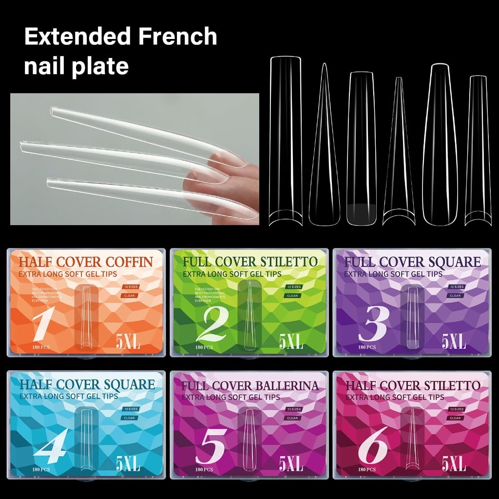 180pcs 5XL Long Clear Full Covers Nails Tips for Professional Salon Nails Art Fashionable Manicure Nails Accessories