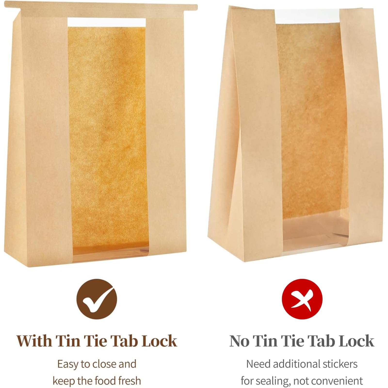Ohuimrt 50 bolsas grandes de papel para pan casero, 13.7 x 8.2 x 3.5 pulgadas, bolsas de panadería con ventana, bolsas de pan de masa madre con cierre de pestaña de corbata de estaño