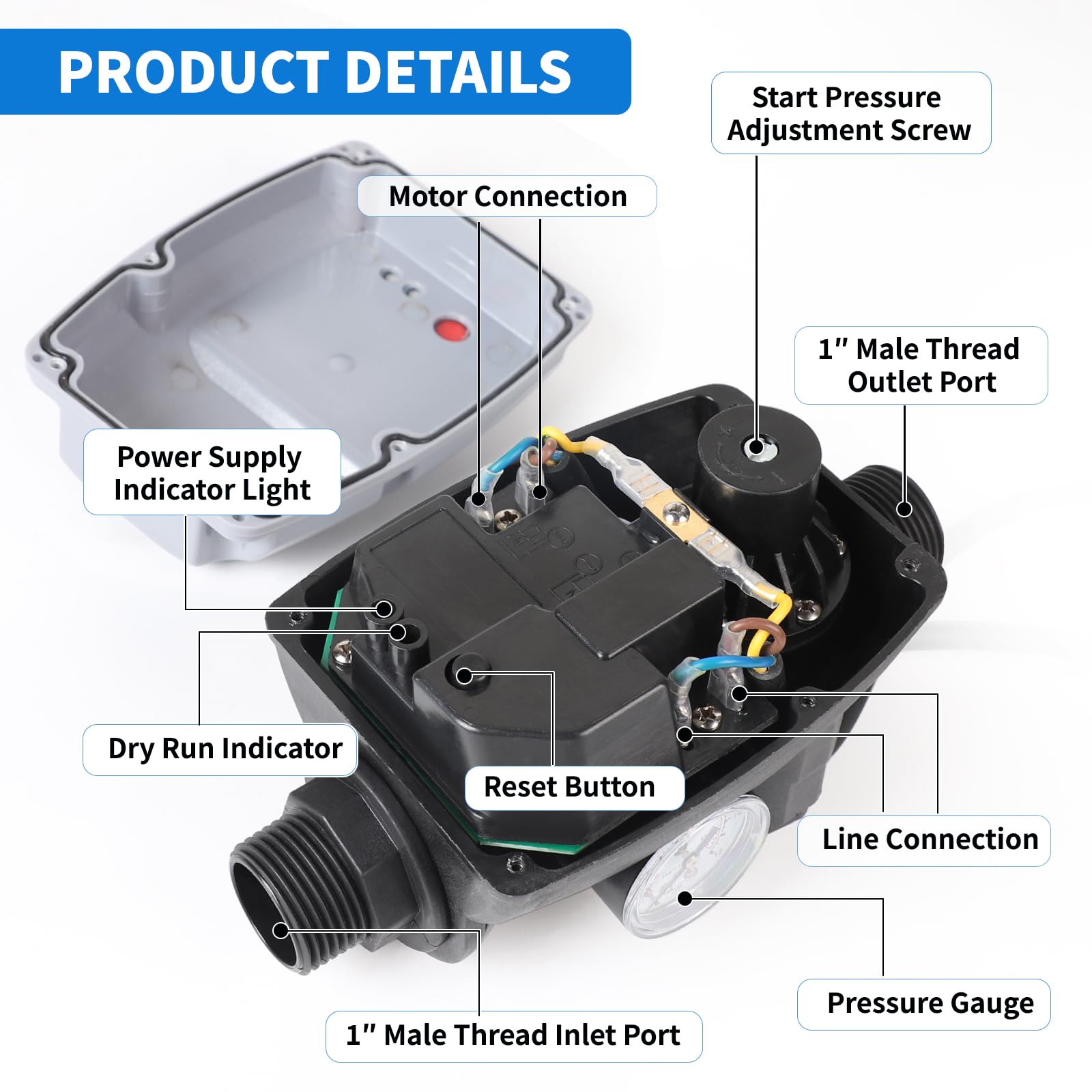 SWAWIS Pressostat Pompe Eau Interrupteur de Pression pour Pompe à Eau Manomètre et Câble Inclus pour Pompe Immergée, Pompe Centrifuge, Pompe de Puits Profond, Pompe de Jardin, Gris