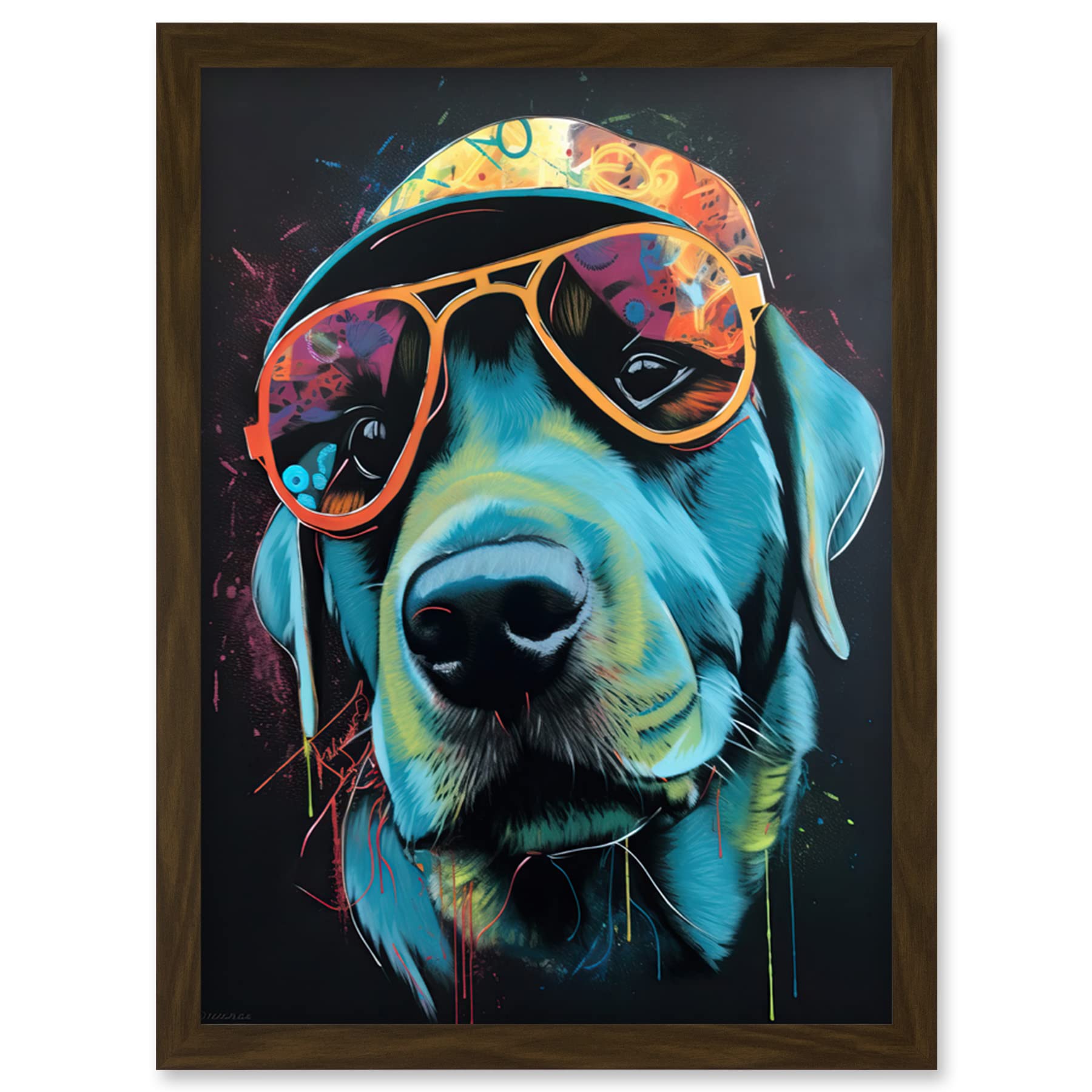 Artery8 Labrador Retriever with Sunglasses and Hat Artwork Framed Wall Art Print A4